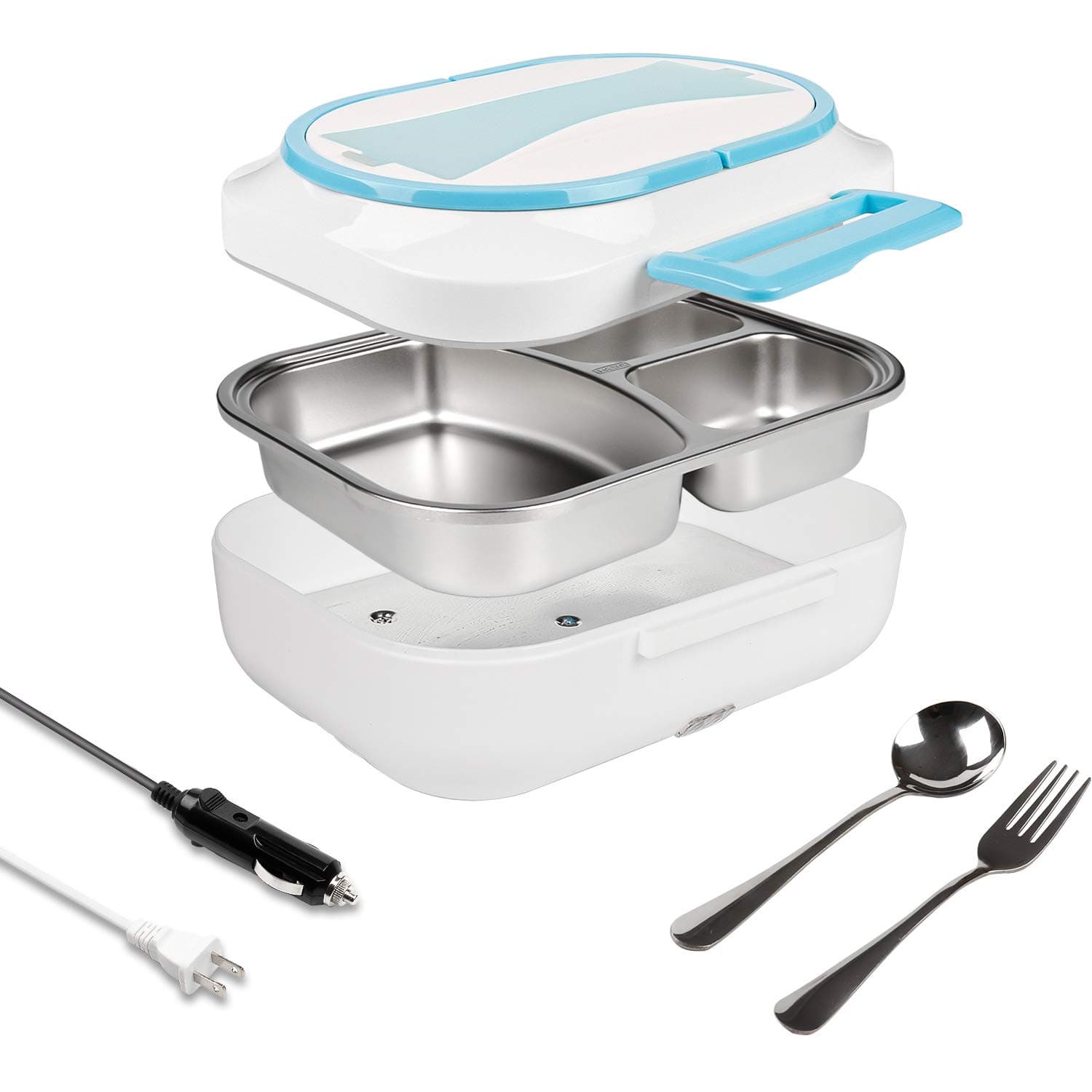 Electric Lunch Box Food Warmer for Car Truck and Home Portable Food Warmer Heater 3 compartment Container with Spoon and Fork Lunch Box White Blue