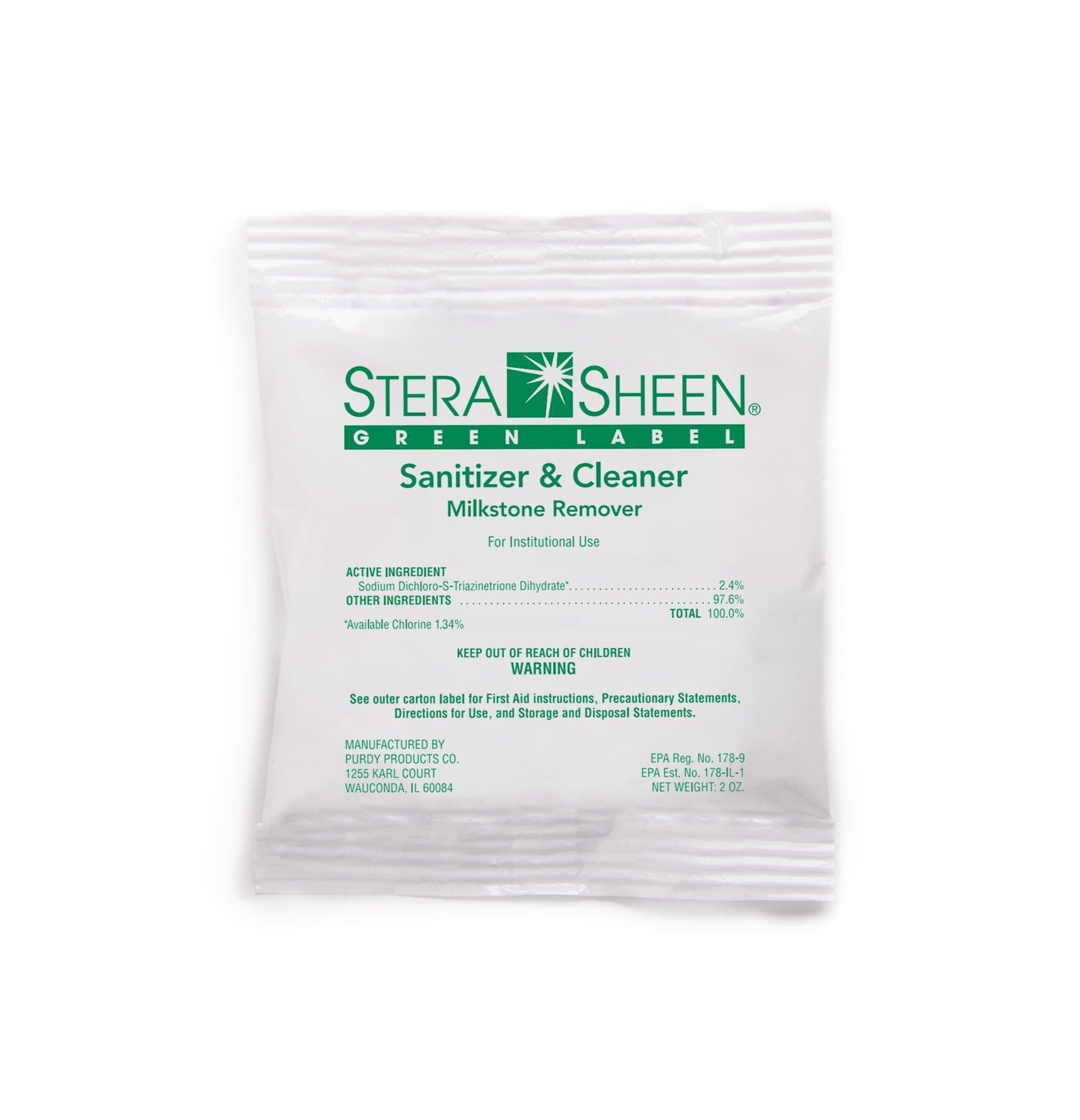 Stera Sheen - Green Label Sanitizer + Cleaner + Milkstone Remover | Cleaner and Sanitizer for Soft Serve + Shake Machines + Ice Maker and Ice Machines | By Purdy Products, 100 count, 2 Ounce Sachets