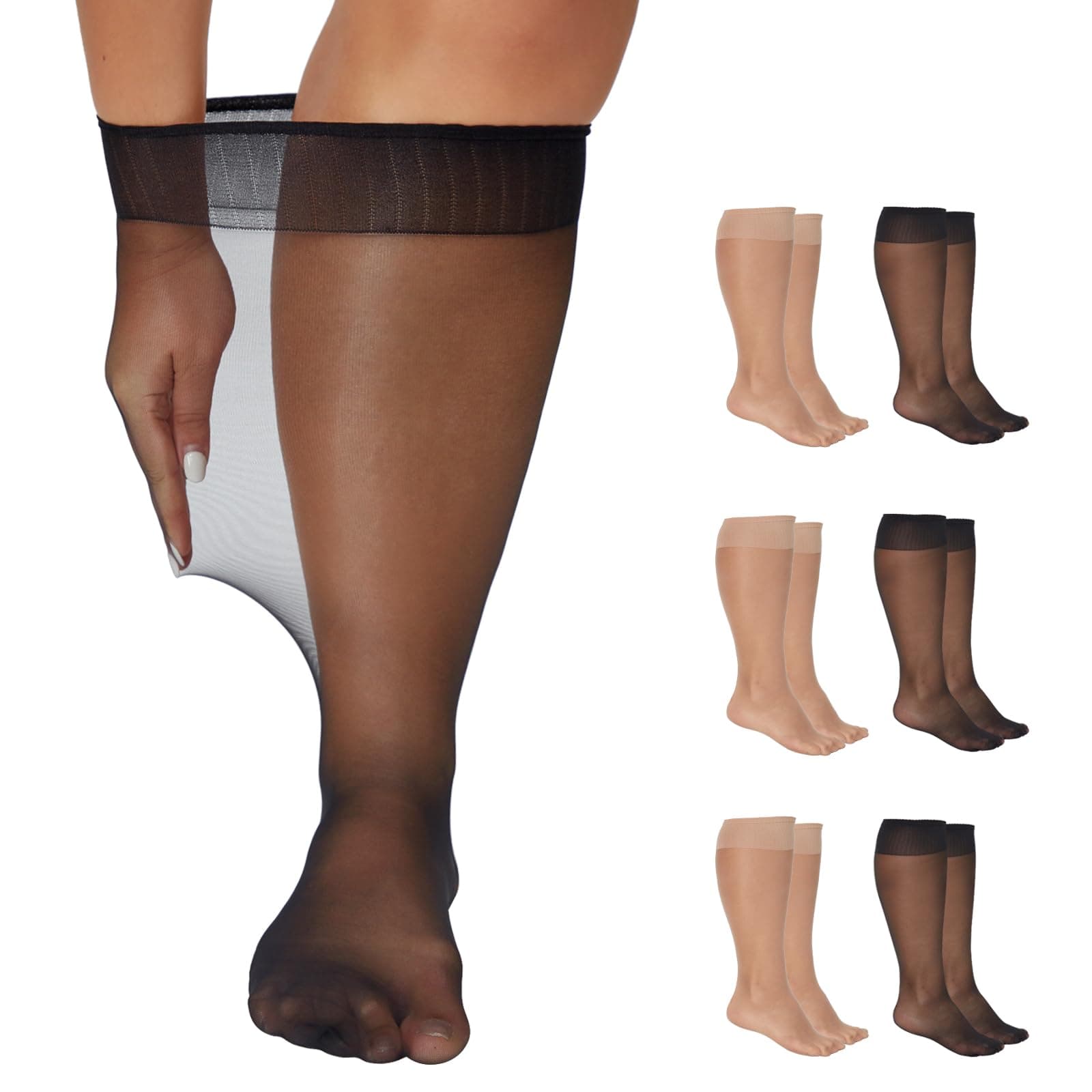 Plus Size Knee High Socks for Women Nylon Sheer Trouser Socks 6Pairs