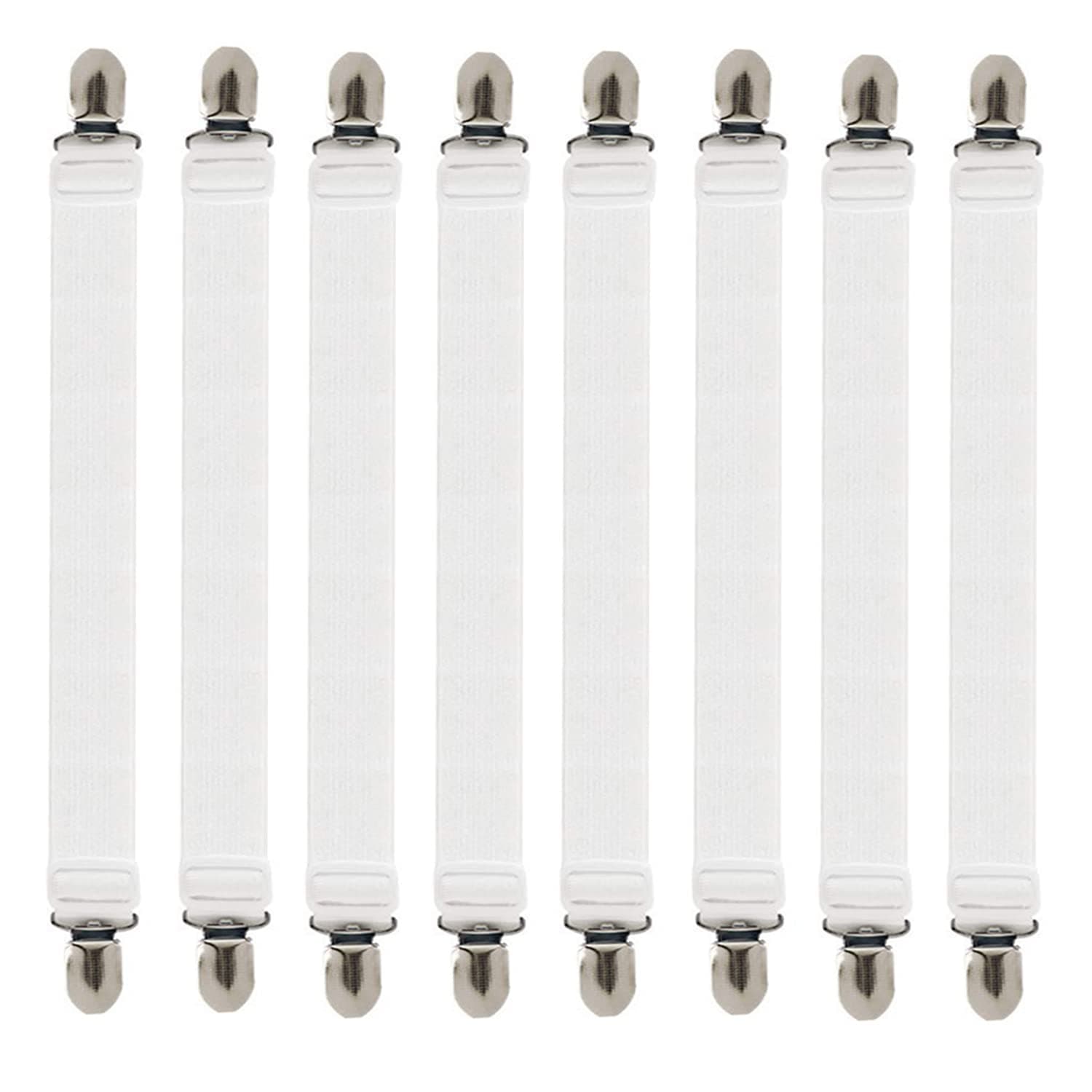 Bed Sheet Fasteners, 8Pcs Adjustable Bed Sheet Straps, White Elastic Sheet Clips for Bedding, Fitted Bed Sheet Grippers to Keep Your Sheets in Place