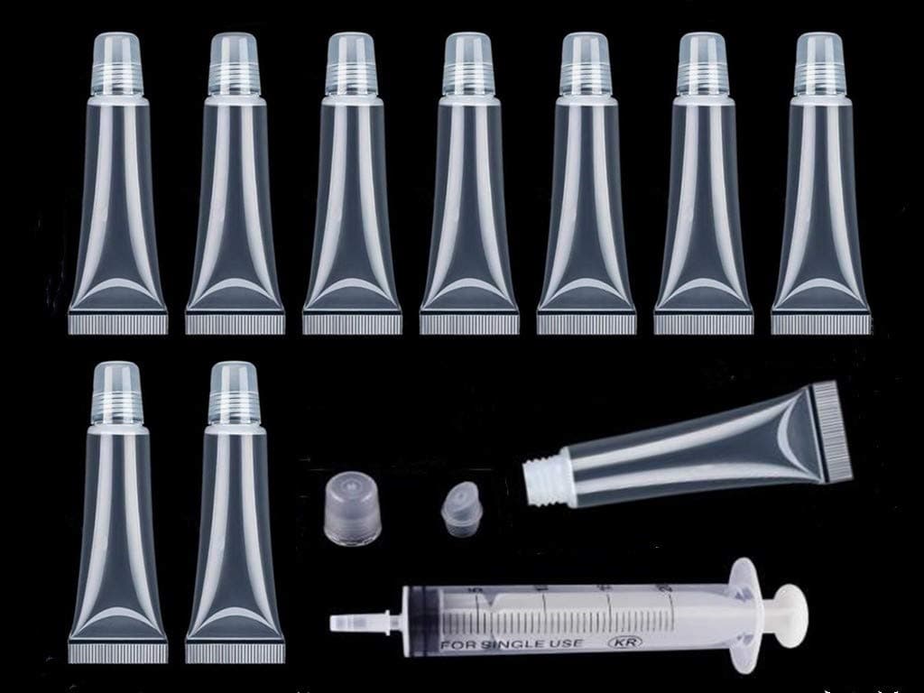 10Pcs 8ml Mini Refillable Empty Tubes Lip Gloss Balm Clear Cosmetic Containers Soft Tubes with 3pcs Free 5ml Plastic Syringes