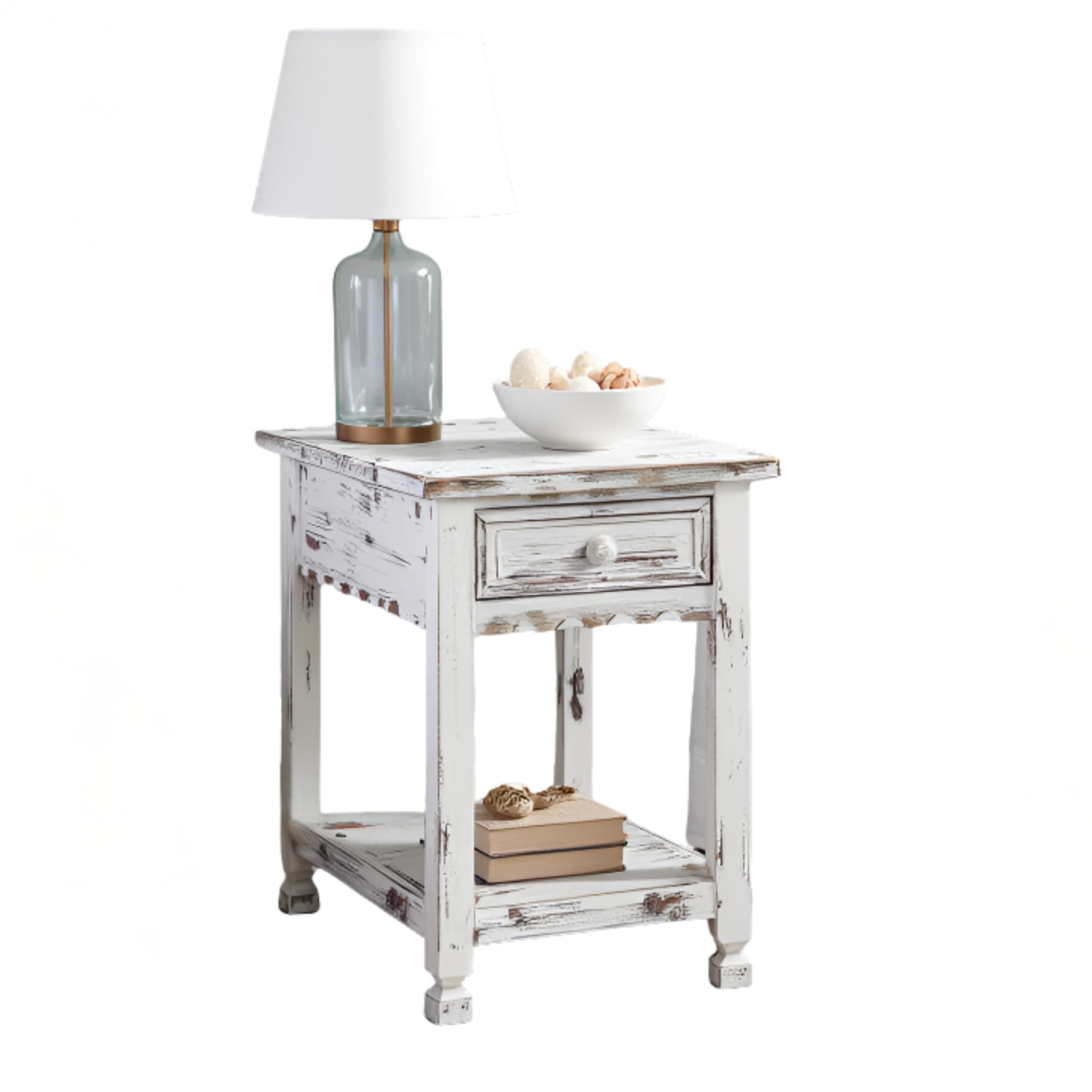Country Cottage Chairside End Table with Drawer & Lower Shelf β Narrow Rustic Farmhouse Side Table with Distressed White Finish for Living Room or Bedroom by Alaterre Furniture