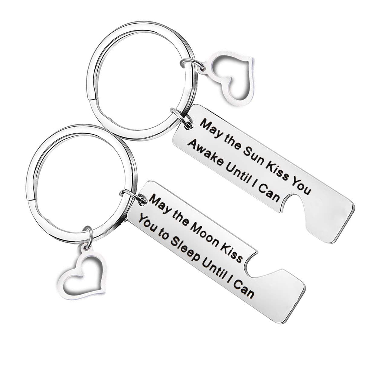QIIER Couples Keychains Set May The Sun Kiss You Awake Until I Can May The Moon Kiss You to Sleep Until I Can Keychain Set Anniversary (Silver)