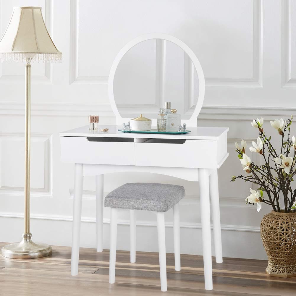 White Vanity Table Set with Large Stool, Modern Makeup Dressing Table with Round Mirror and 2 Sliding Drawers
