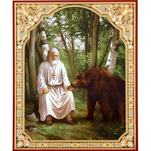 World Faith Russian Icon St Seraphim with Bear Russian Orthodox Icon Wooden Gold Foil Icons 8-3/4 Inch Religious Icon
