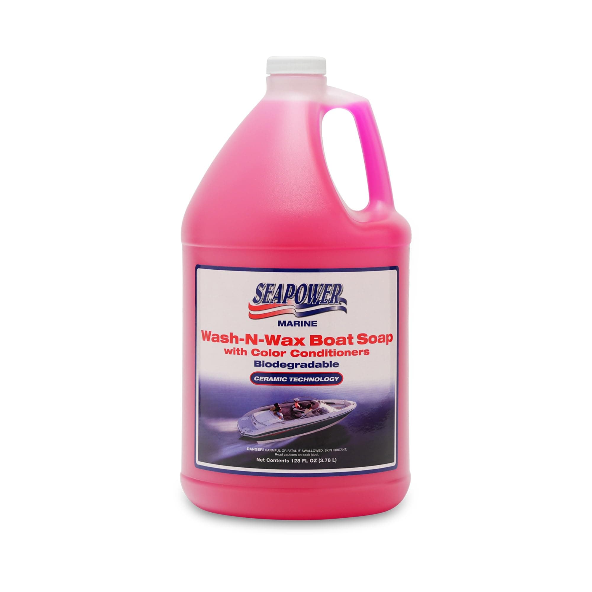 Marine Seapower Wash-N-Wax Boat Soap - Highly Concentrated Carnauba Wax - Ceramic Formulation - Delivers a Deep Clean & Glossy Protected Finish - pH Neutral Formula - Cherry Scent, 1 Gallon (128 oz)