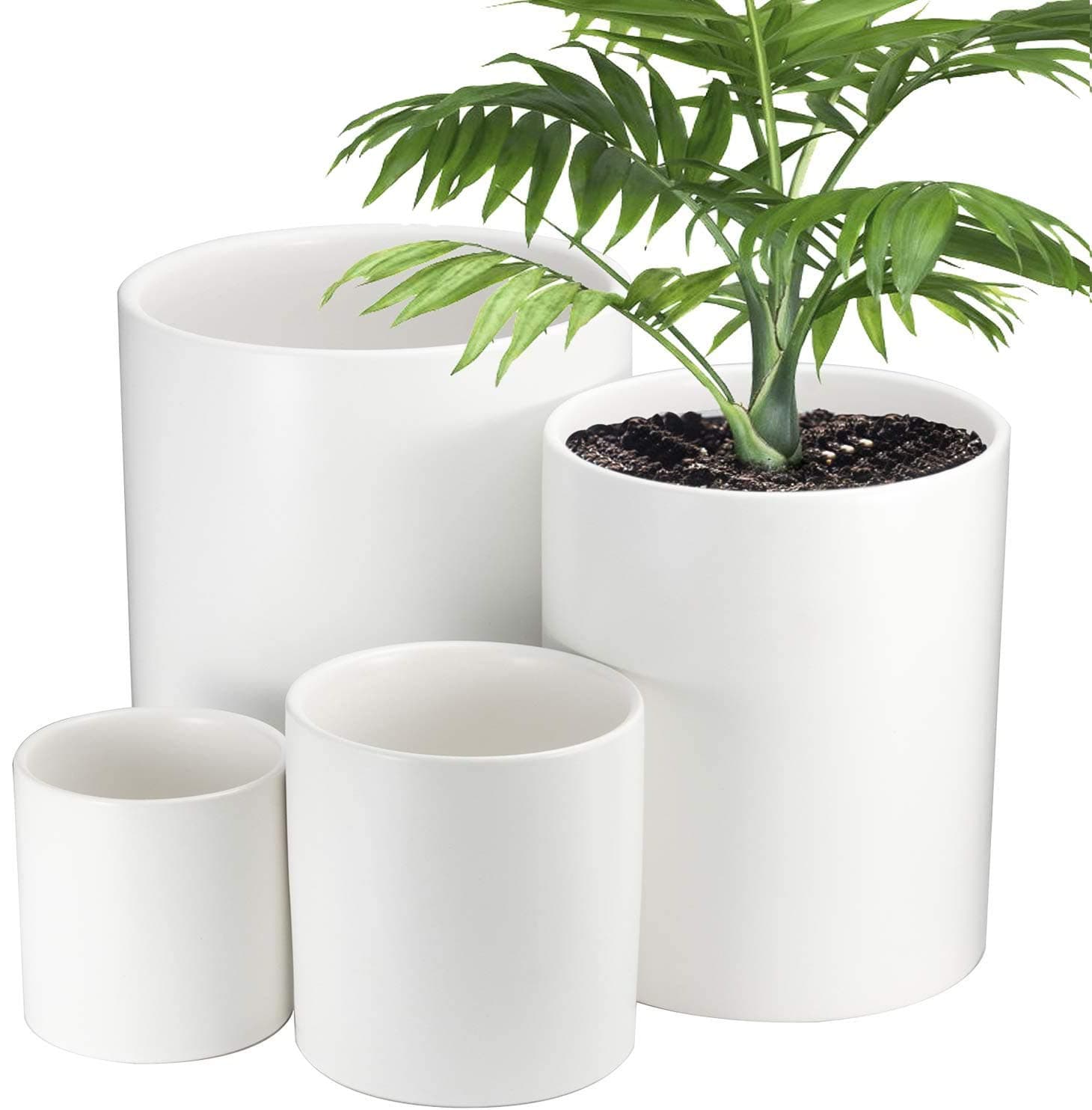 Plant Pots 4 Set, EHWINE (6.7”,5.7”,4.3”,3.4) White Ceramic Indoor Plant Pots cylinder with Drainage Hole for Succulents Plants Flowers