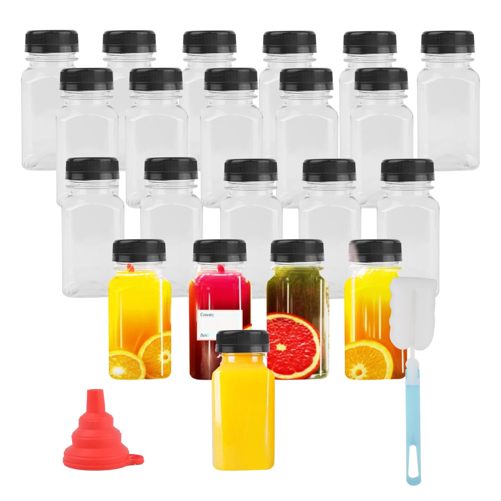 Kikuo 20 Pack 120ml Plastic Juice Bottles, 4 Ounce Reusable Drink Beverage Containers with Label, Pouring Funnel and Brush, Smoothie Juice Bottles for Juice, Milk, Homemade Beverages (Black Lids)