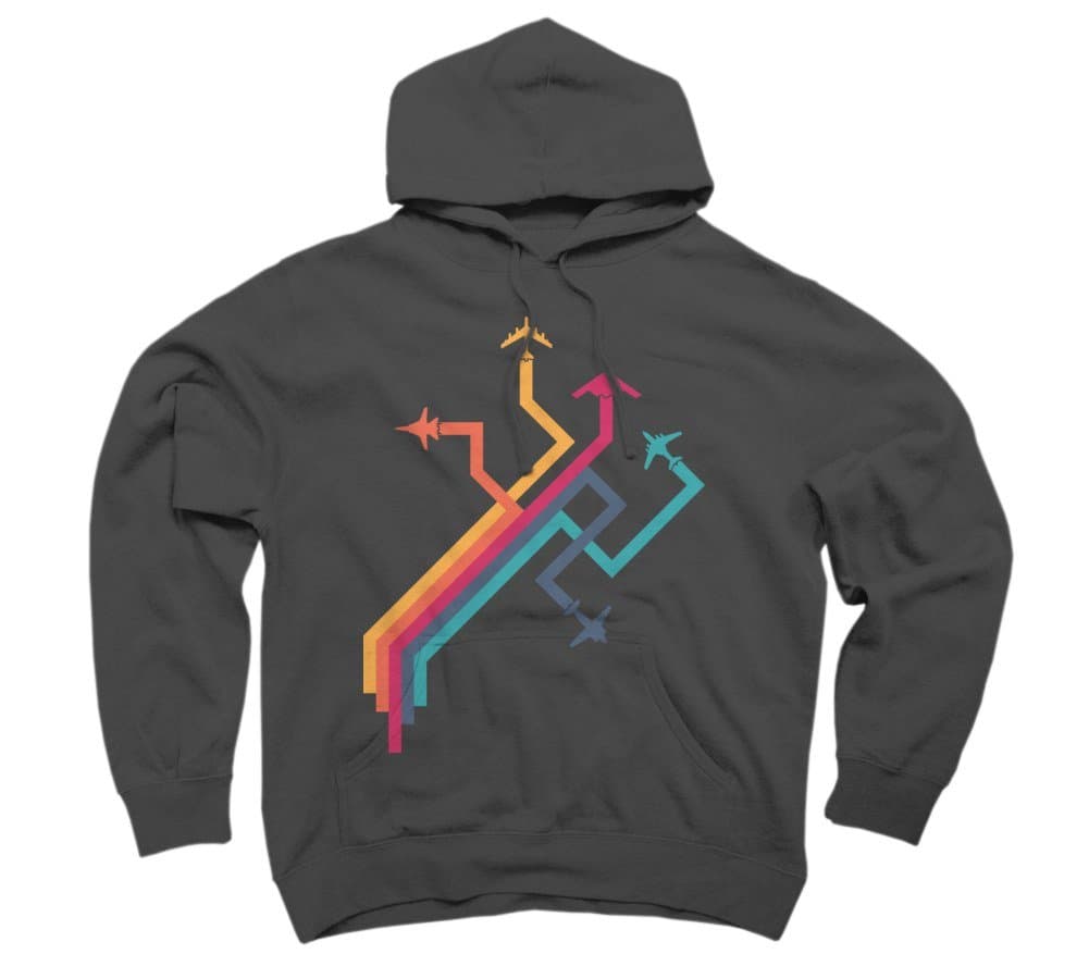 Colorful Vector Airplanes Men's Large Charcoal Graphic Pullover Hoodie