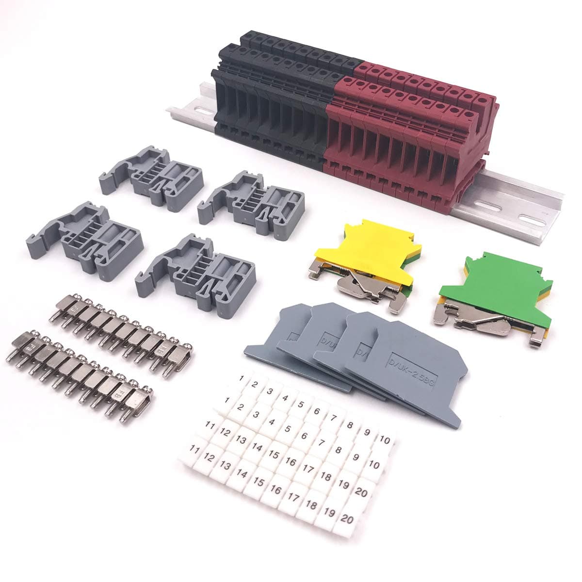 Erayco DIN Rail Terminal Blocks Kit, 20Pcs UK-2.5N 12 AWG Terminal Blocks, 2Pcs Ground Blocks, 2Pcs Terminal Fixed Bridge Jumpers, 4Pcs End Brackets, 4Pcs UK-2.5BG End Covers, 1Pcs 8" Aluminum Rail