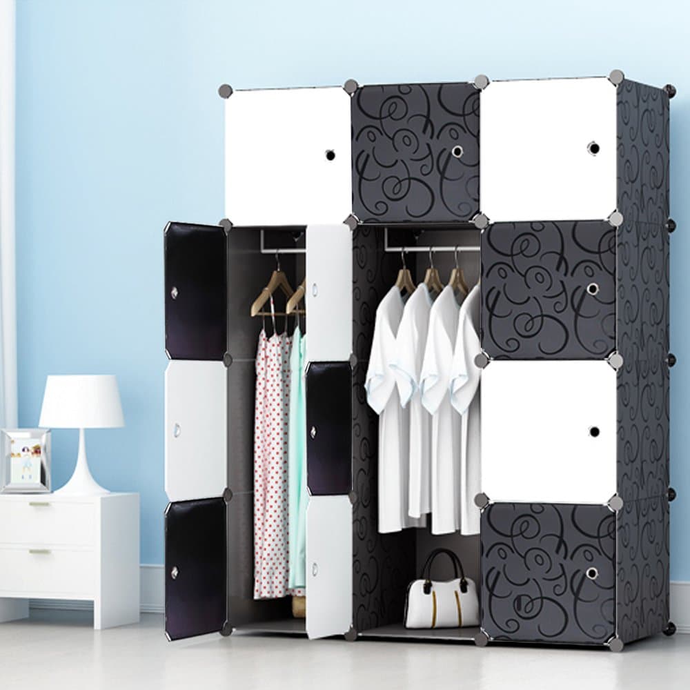 ETTBJA DIY Portable Wardrobe Checkered Clothes Organiser Multi-purpose Storage Unit (12 Cubes)