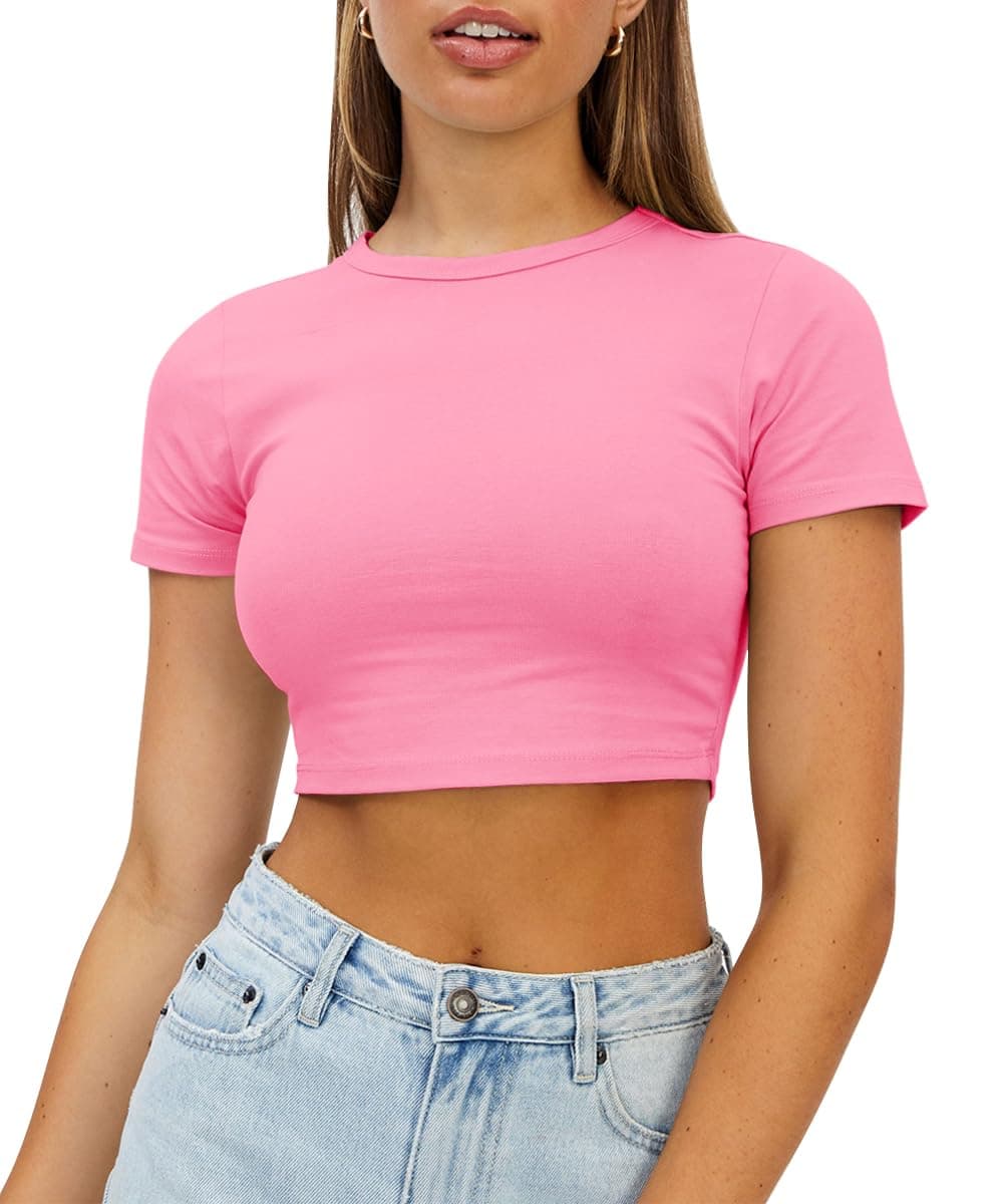 Womens Crop Tops Cute Summer Crew Neck Basic Tees Slim Fit Trendy Short Sleeve T Shirts for Teen Girls 2026