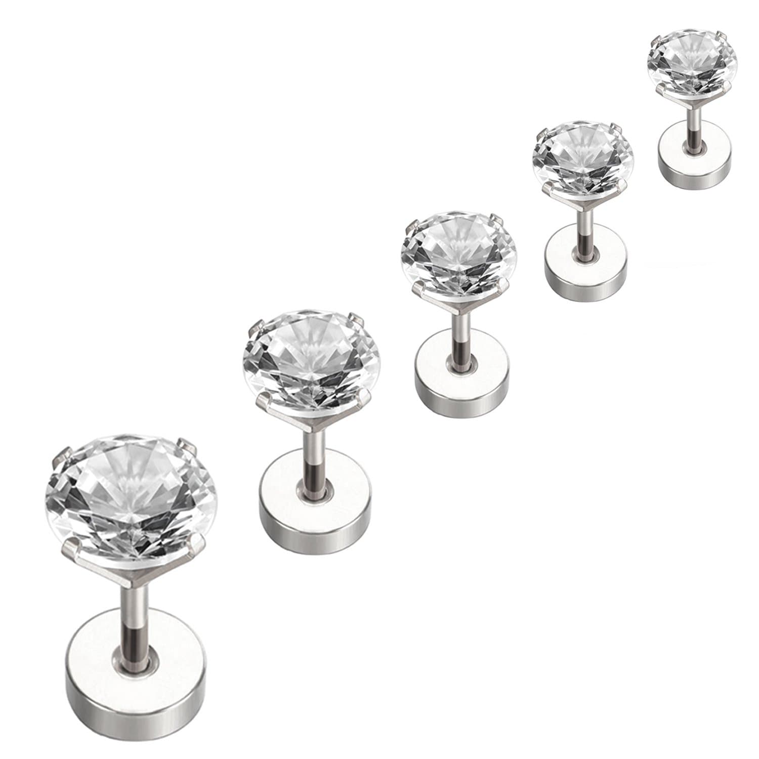 Stainless Steel Cubic Zirconia Stud Earrings Helix Cartilage Earrings Flat Back 3-7mm 5 Pairs