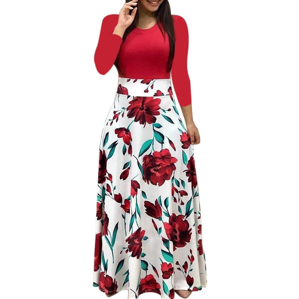 Women's Bohemian Polka Dots Floral Print O-Neck Long Sleeve A-Line High Waist Long Beach Casual Maxi Dress