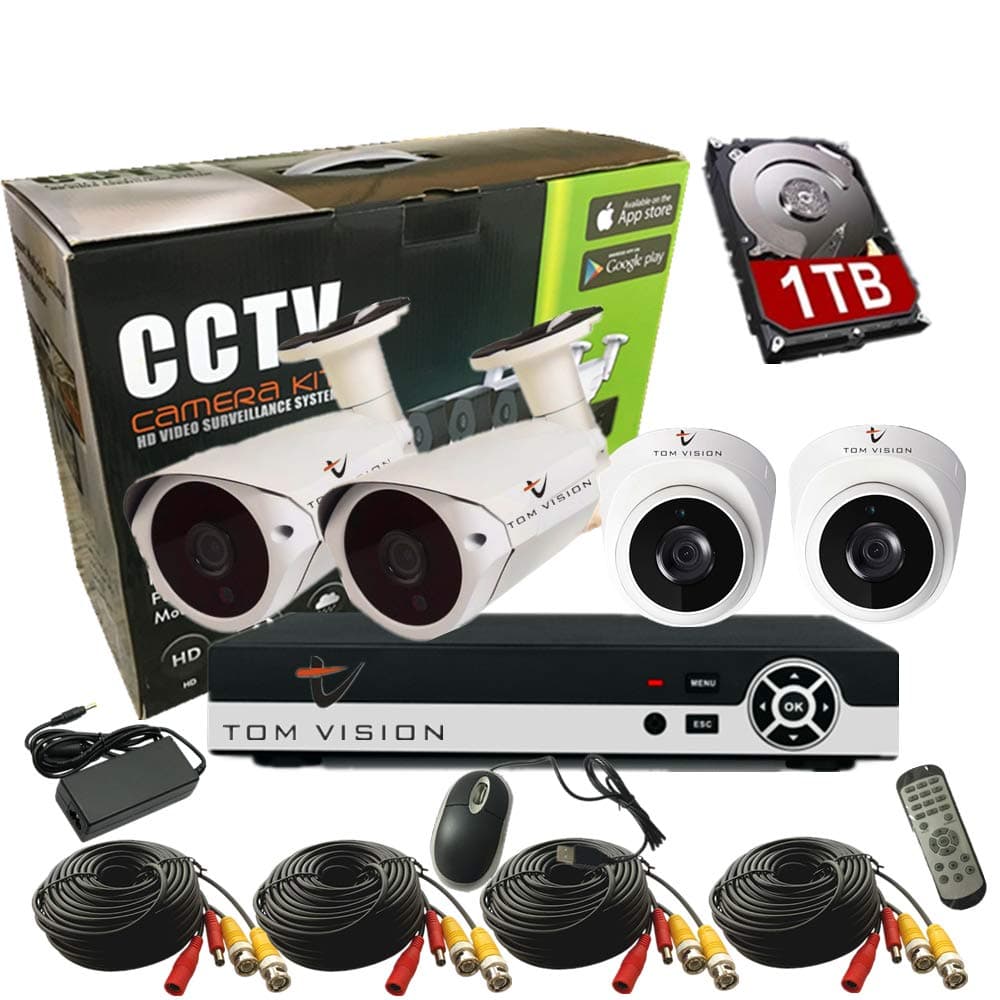 Tomvision 4Channel AHD Camera KIT with 1000GB Hard Disk For Recording 2.0MP/1080P CCTV Security System CCTV Kit 4Pcs Outdoor Waterproof IP66 Bullet Camera and P2P Cloud Alarm System Home Security