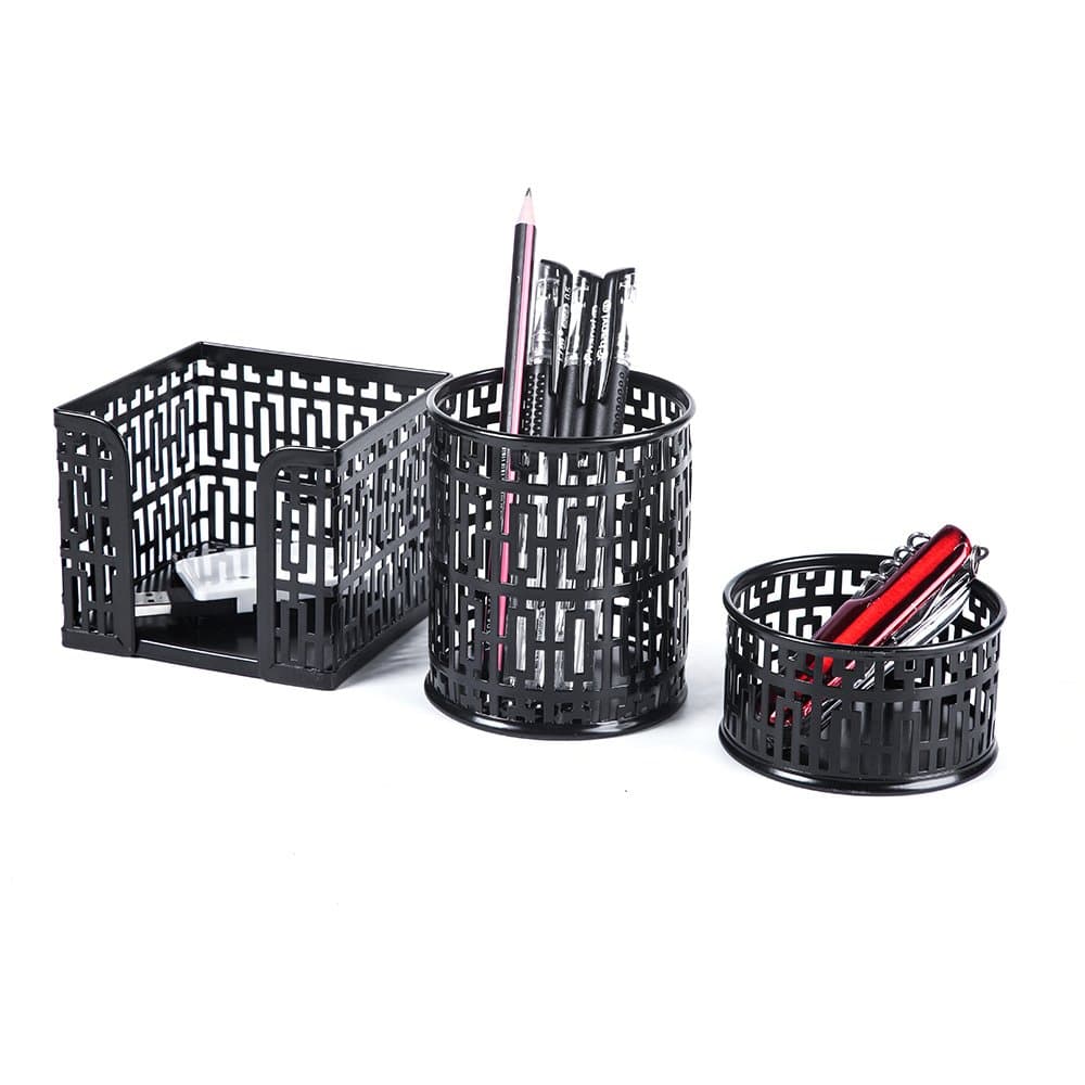 Metal Mesh Office Supplies Desktop Organizer Set of 3pcs-Pencil Cup, Memo Holder and Clip Holder (Black-Style 1)