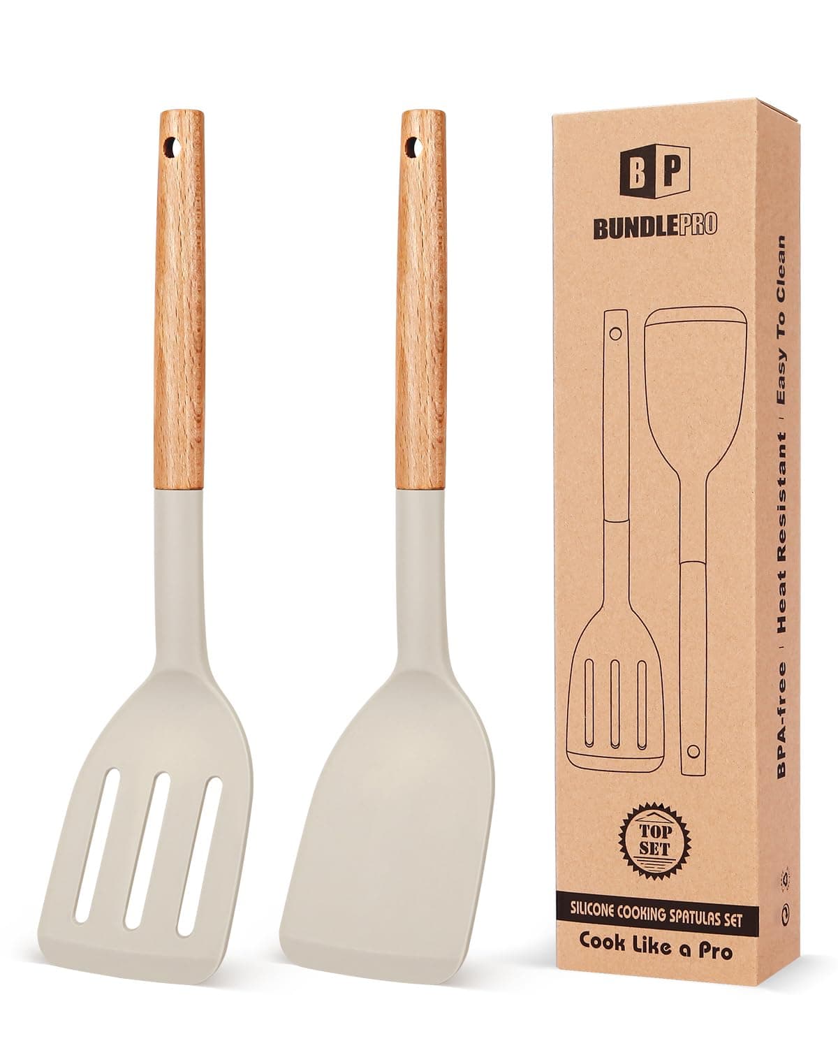 BUNDLEPRO Pack of 2 Silicone Cooking Spatula, Heat Resistant Solid Turner, Non Stick Slotted Spatulas with Wooden Short Handle,Ideal Wood Kitchen Utensils Set for Frying, Baking, Flipping, Turning