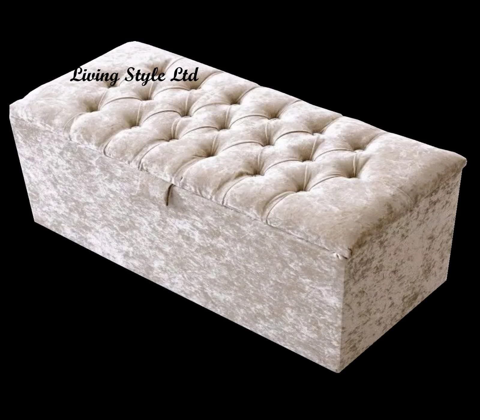 Beautiful Large Spanish Crushed Velvet Fabric Crystal Diamante ottoman storage box blanket box (Length 30'' x Width/Depth 13'' x Height 13'', CREAM)