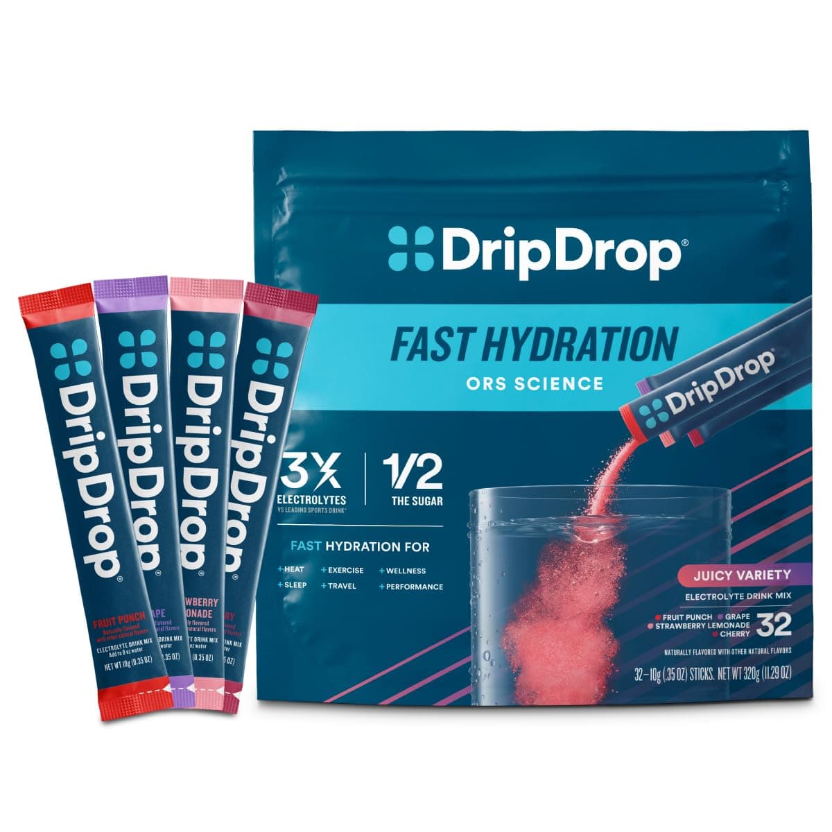 DripDrop Hydration Packets - Juicy Variety Pack - Single Serve Electrolytes Powder Drink Mix - Grape, Fruit Punch, Strawberry Lemonade, Cherry - Non-GMO, Gluten Free, Vegan - 32 Sticks