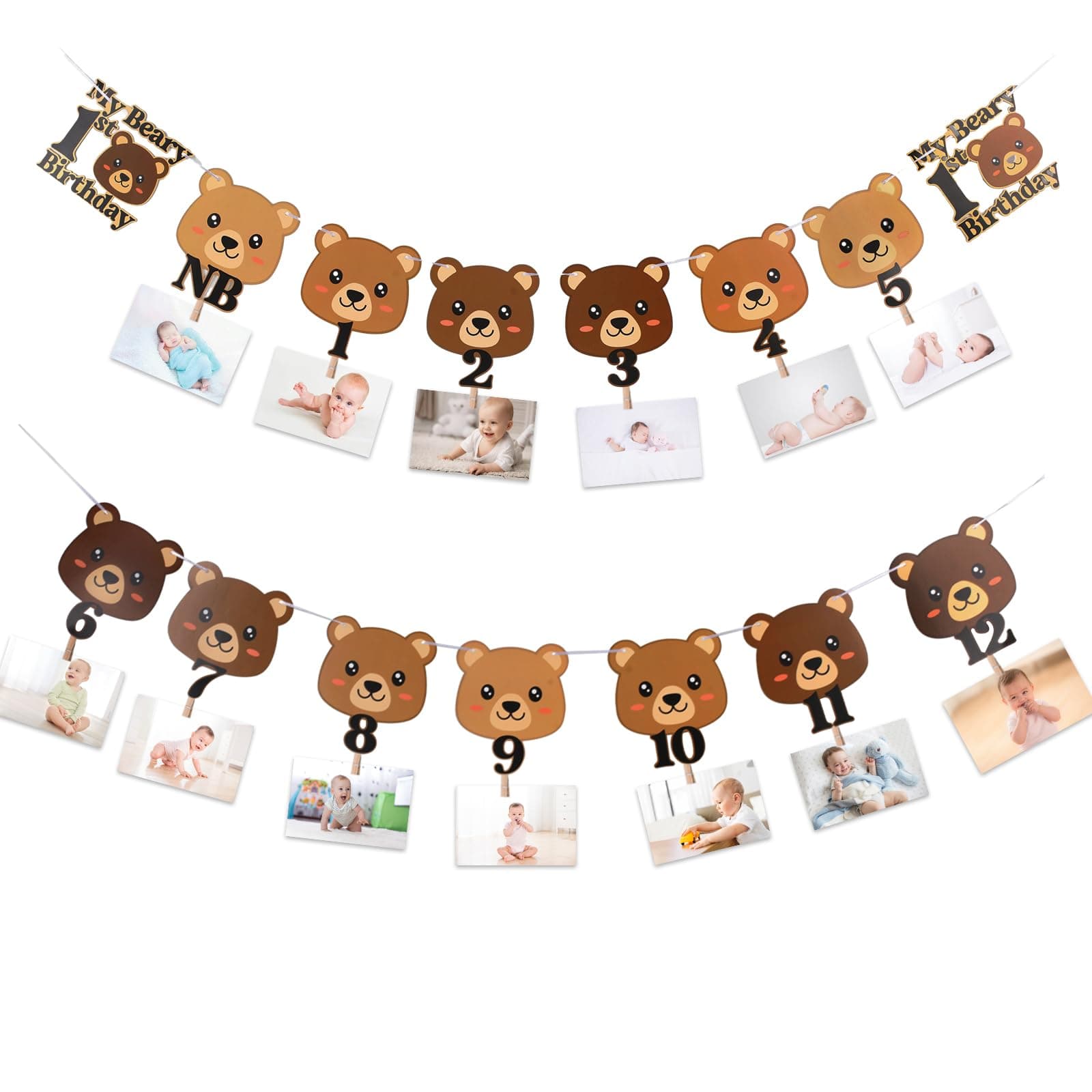 Beary First Birthday Party Banner Teddy Bear Monthly Photo Banner for Newborn to 12 Months Photograph 1st Birthday Milestone Photo Banner Bear Photo Display Garland for Boys Girls First Birthday Party