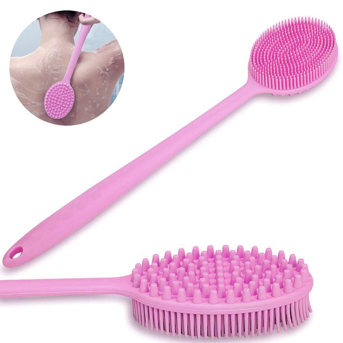 Silicone Bath Body Brush, ACTNOW Body Massage Brush Soft Bristles Cleaning Shower Scrubber BPA Free with Long Adjustable Handle for Women & Men-Blue (Pink)