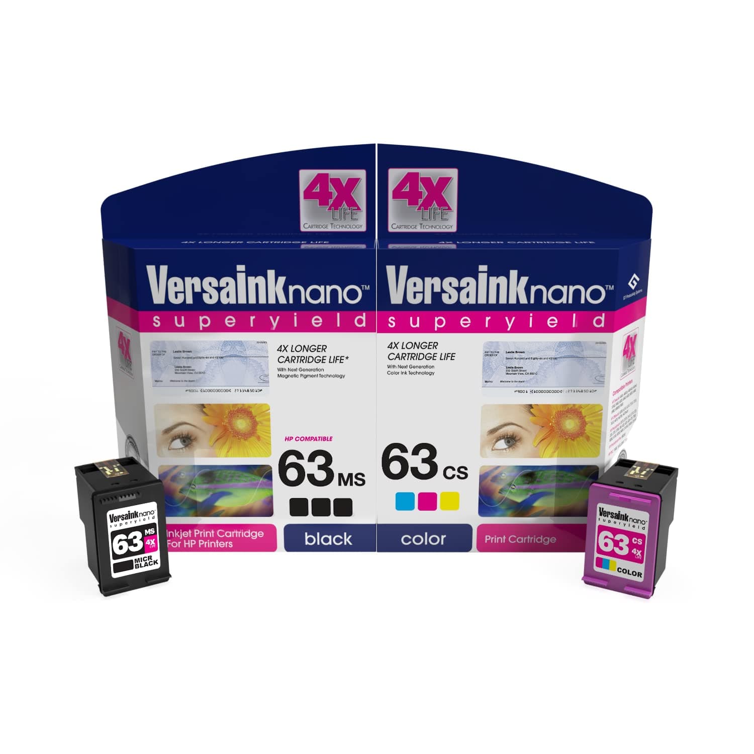 VersaInk-Nano HP 63 MS Black MICR Ink Cartridge for Check Printing & 63 CS Color Cartridge
