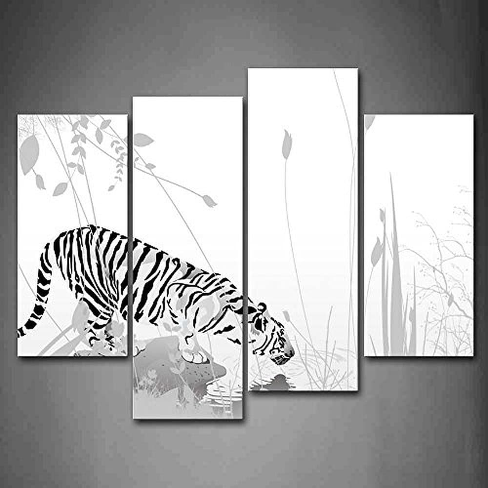 Korean Fashion Tiger Stand On Stone Drink Water Wall Art Painting Print On Canvas Animal Pictures Wall Decor