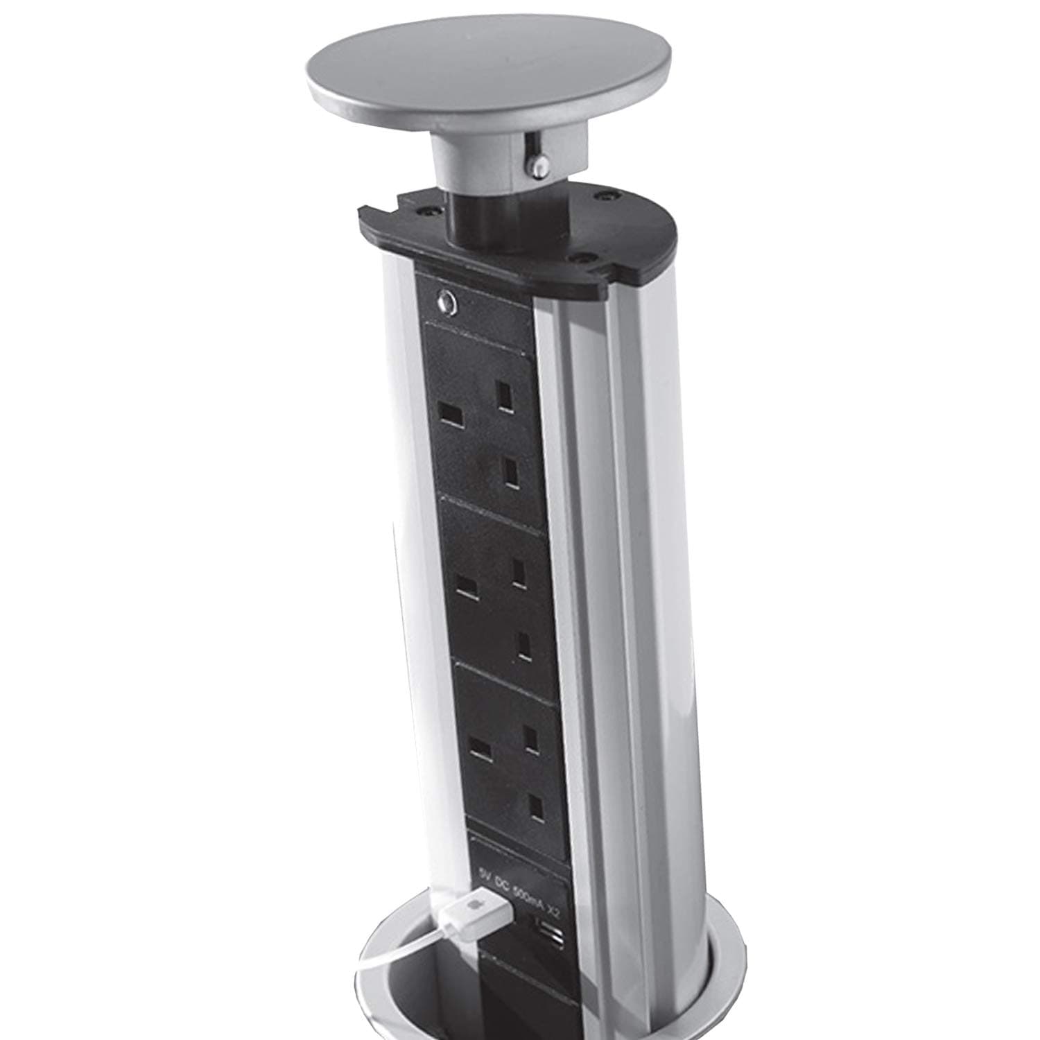 Pop-up 3 Gang Mains Power Extension Tower | Stainless Steel | 3 Way Plugs & 2X USB Charging Ports | Hidden Flush Recess Retractable Mounted Pull Up Sockets | Kitchen Worktop & Office Desk | Loops