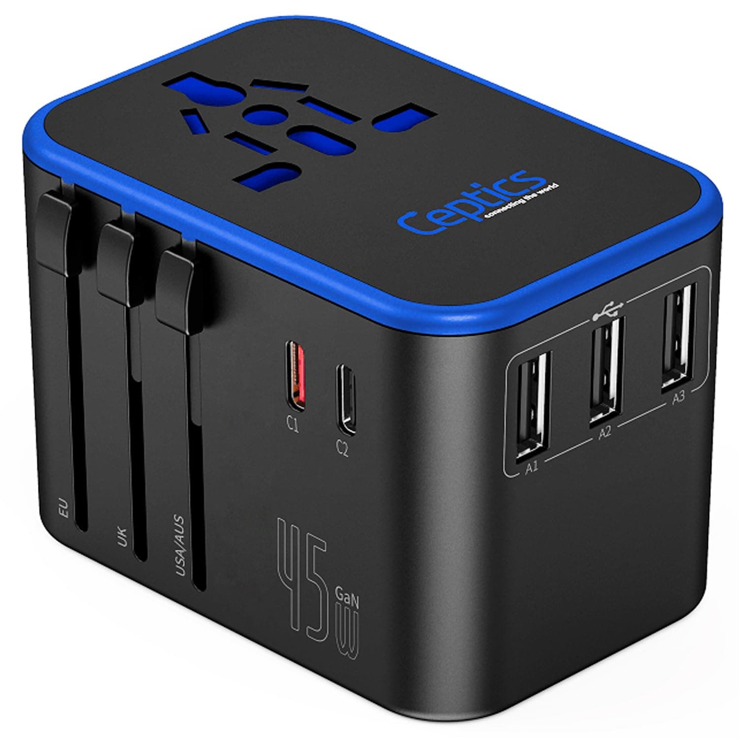 Ceptics Universal Travel Adapter, 45W International Power Adapter with PD & QC 3.0 Dual USB-C, 3 USB Travel Adapter Worldwide, Type I C G A Outlets 110V 220V A/C - EU Euro US UK (11-KU)