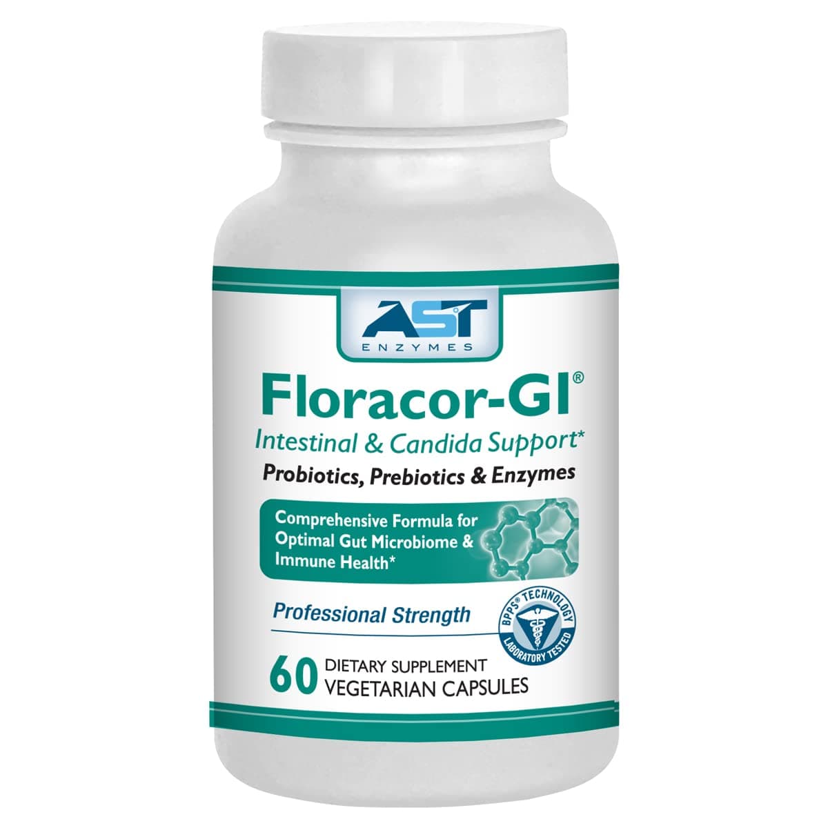 AST Enzymes Floracor - Supports intestinal Health - Premium Probiotic, Prebiotic and Formula - 60 Vegetarian Capsules