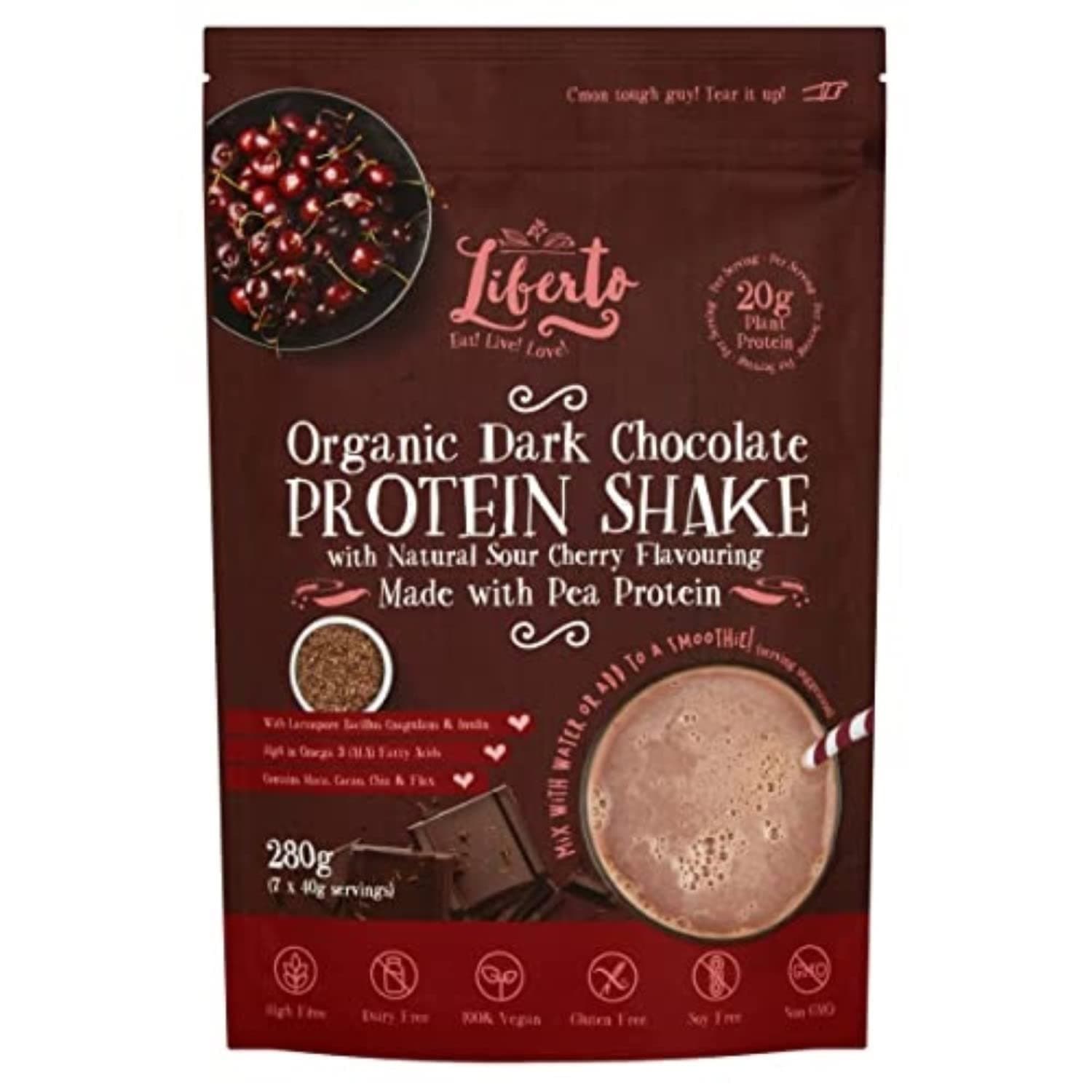 Liberto Organic Vegan Dark Chocolate Protein Shake with Sour Cherry Flavouring, 280g
