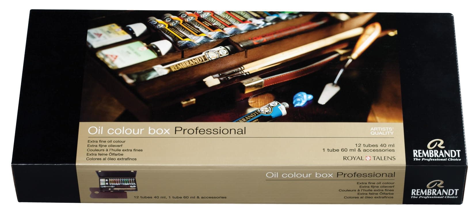 Oil Color Paint Professional Wood Box Set, 12x40ml Tubes + 1x60ml Tube + 11 Accessories