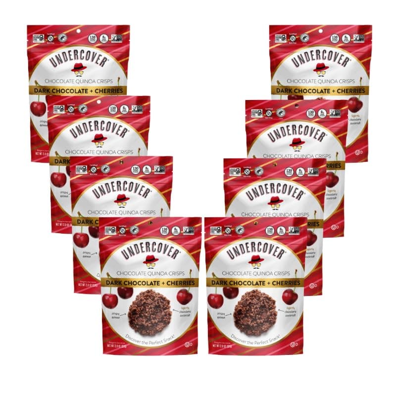 Undercover Chocolate Quinoa Crisps - Dark Chocolate + Cherries Quinoa Crisps | 8-Pack, 2oz Bags | Gluten Free, Nut-Free, Allergen Friendly, Kosher, Plant-Based