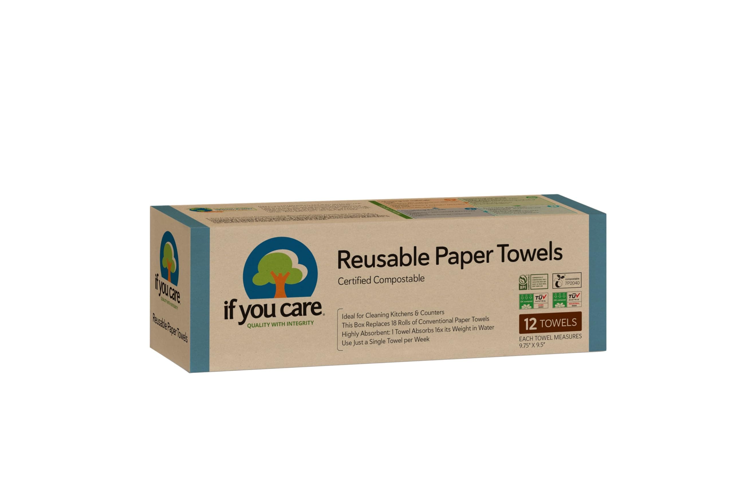 If You Care Reusable Paper Towels– 12 CT Sheets – 100% Natural, Compostable Cleaning Cloths for Kitchen, Bathroom, Home Countertop Surfaces – Extra Absorbent, Eco Friendly