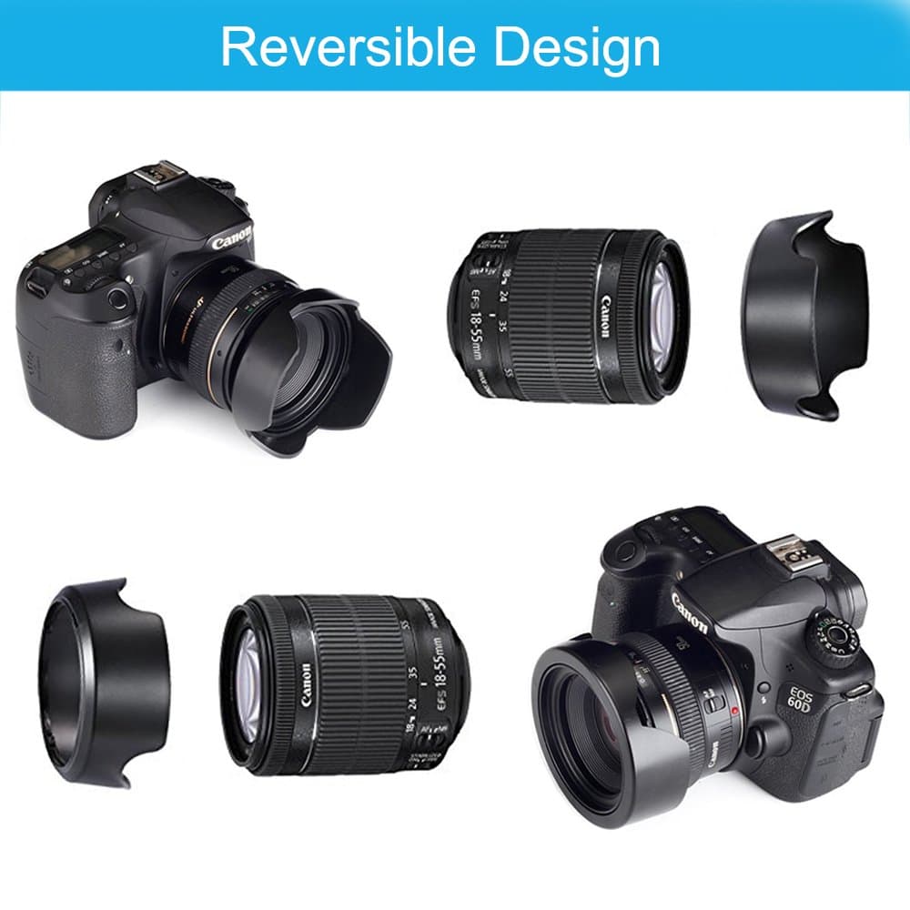 Veatree 49mm Lens Hood Set Compatible with Canon EF 50mm f/.1.8 STM, Collapsible Rubber Lens Hood with Filter Thread + Reversible Tulip Flower Lens Hood + Center Pinch Lens Cap