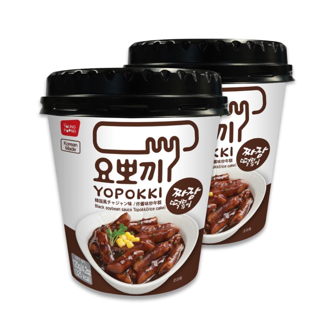 Yopokki Instant Tteokbokki Cup (Jjajang, 2 Cups) Korean Street food with Jjajang flavored sauce Topokki Rice Cake - Quick & Easy to Prepare