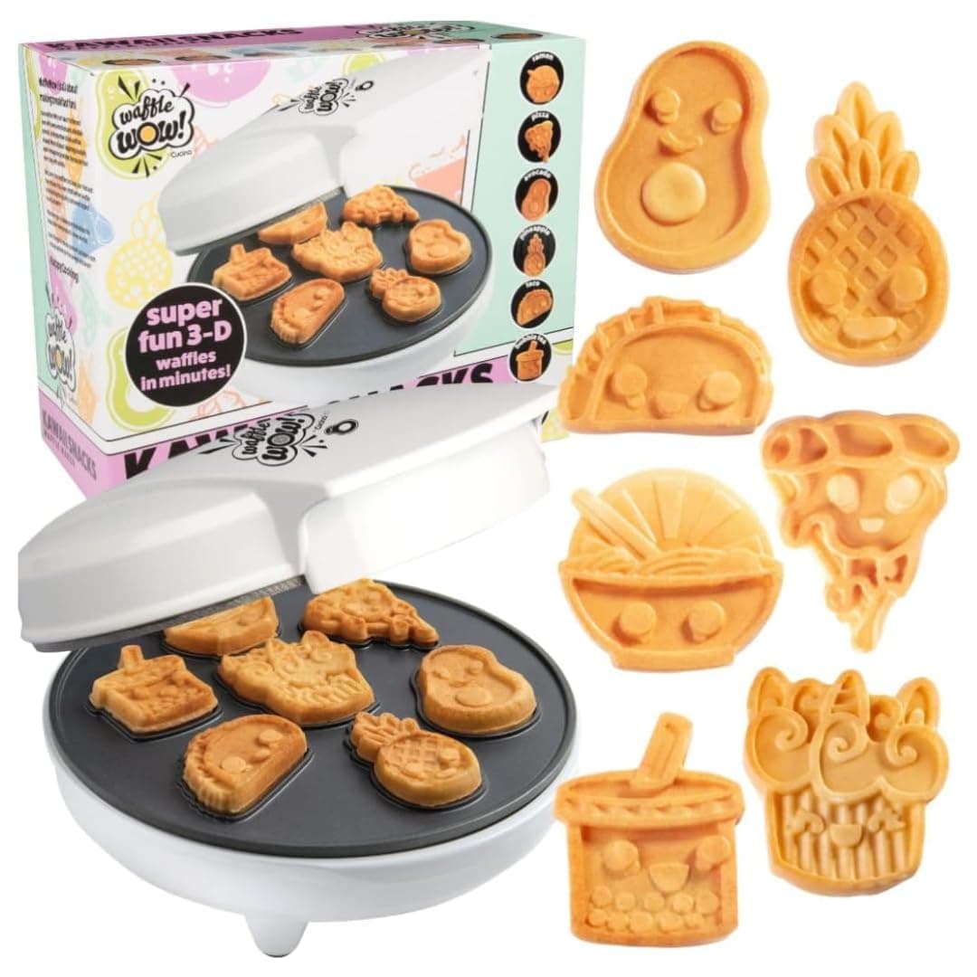 Fun Food Friends Mini Waffle Maker- 7 Different Kawaii Style Design Pan Cakes Feat. Avocado Pizza Ramen Taco & More- Cool Electric Nonstick Waffler Iron, Morning Breakfast w Recipes - Kids Easter Gift