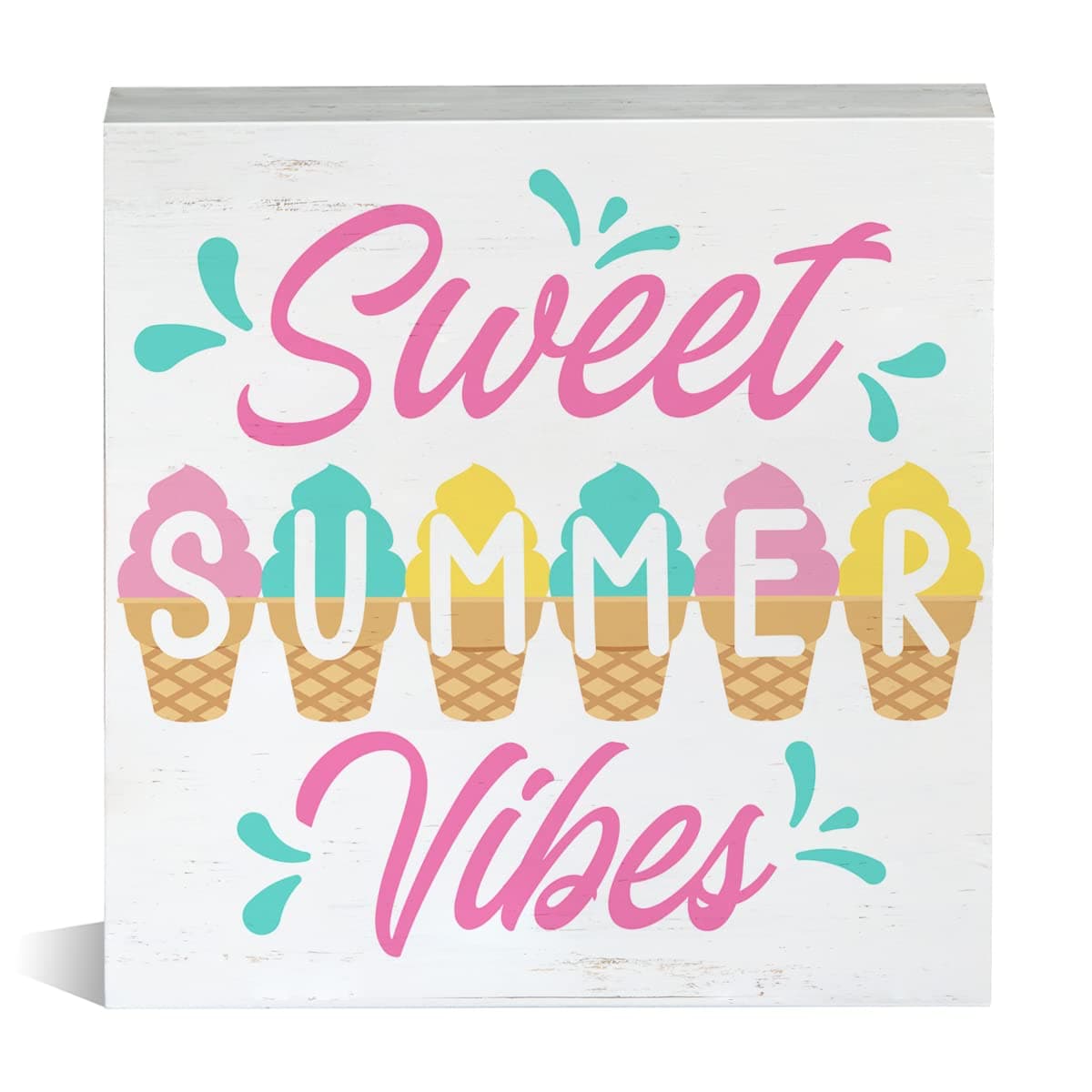 Sweet Summer Vibes Wooden Box Sign Summer Ice Cream Wood Block Tabletop Sign Decorative Desk Sign Home Shelf Decor 5 X 5 Inches