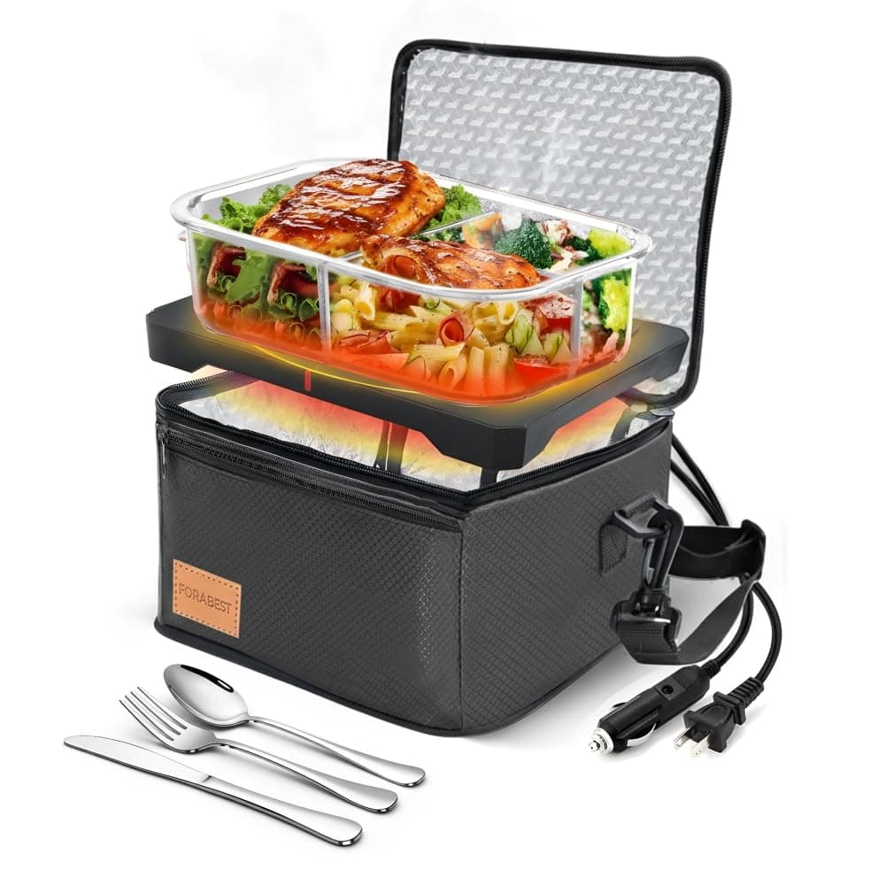 FORABEST Portable Microwave Food Warmer - Electric Lunch Box 80W with Insulated Bag and Utensils - 12V/24V Car/Truck & 110/220V Home/Office Use - Fits up to 10 x 7 x 5 Inches Containers - Black