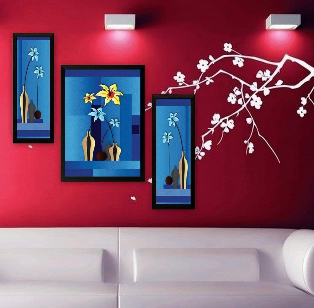 PAF 3 Pc Set Floral Modern Art UV Coated Home Decorative And Gift Item Framed Painting 12 inch X 18 inch PAF267
