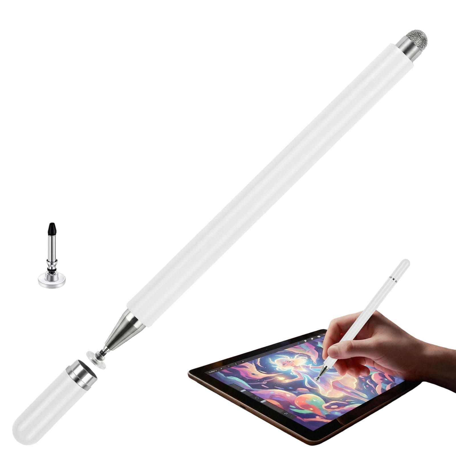 Stylus Pens for Touch Screens, 2 in 1 Magnetic Disc & Fiber Tip Stylus Pen for iPad with Magnetic Cap, Compatible with All Touch Screens - Free Replacement Disc Tips, White