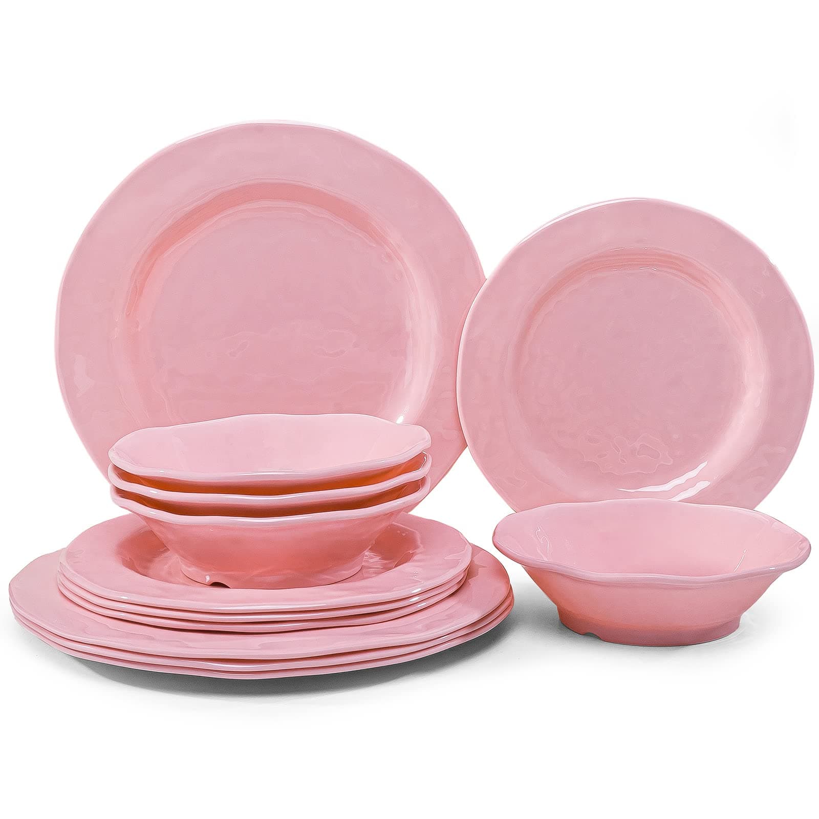 LEHAHA Pink Dishes Melamine Dinnerware Sets, 12 Piece Kitchen Plates and Bowls Dinnerware Sets, Lightweight, BPA free Melamine Dishes for Girls, Valentine's Day, Mother's Day.