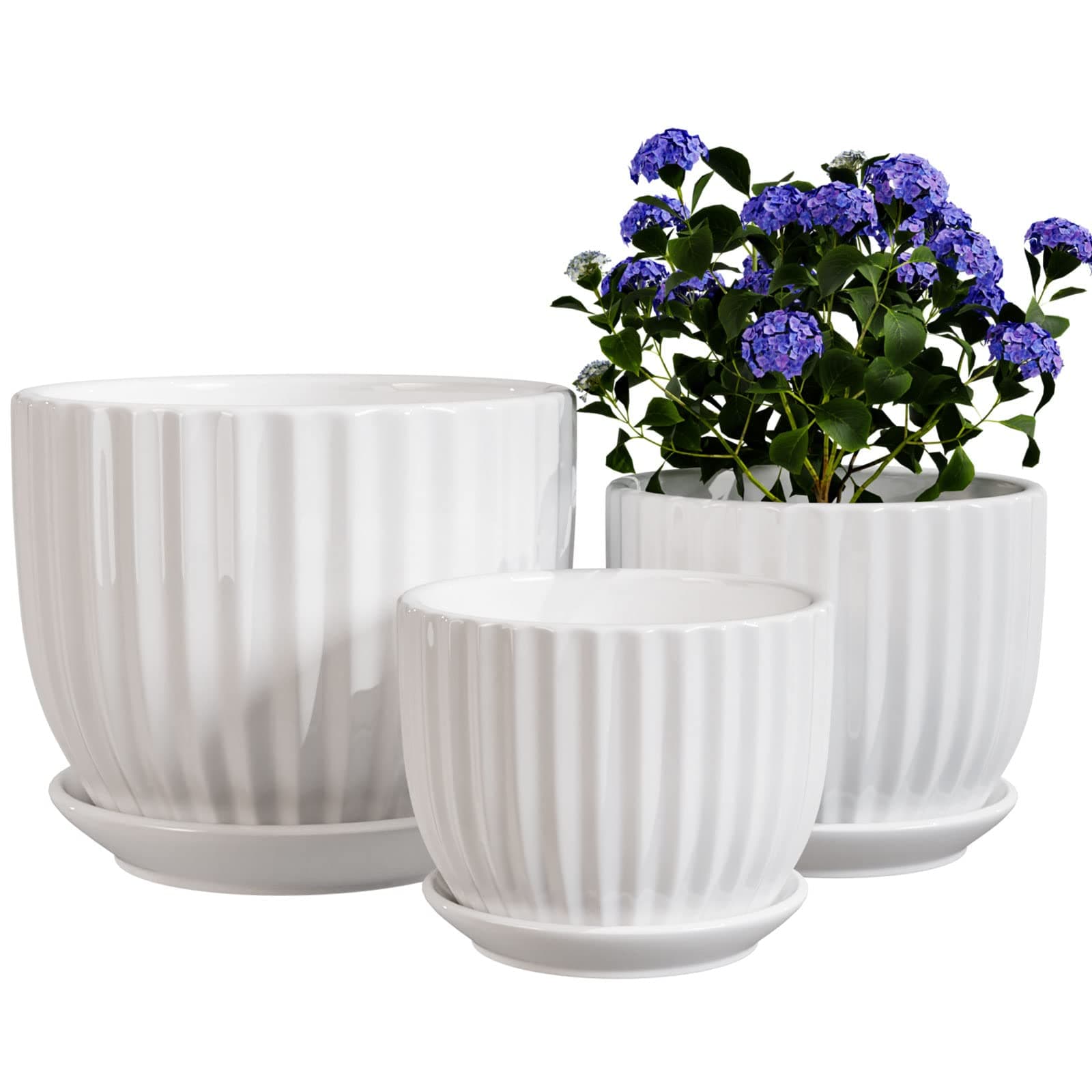Ton Sin White Plant Pots Set of 3,Indoor Ceramic Flower Pot with Saucers,6.7"&5.5"&3.9" Inch Small to Medium Sized Planters for Plants,Round Modern Garden Pots