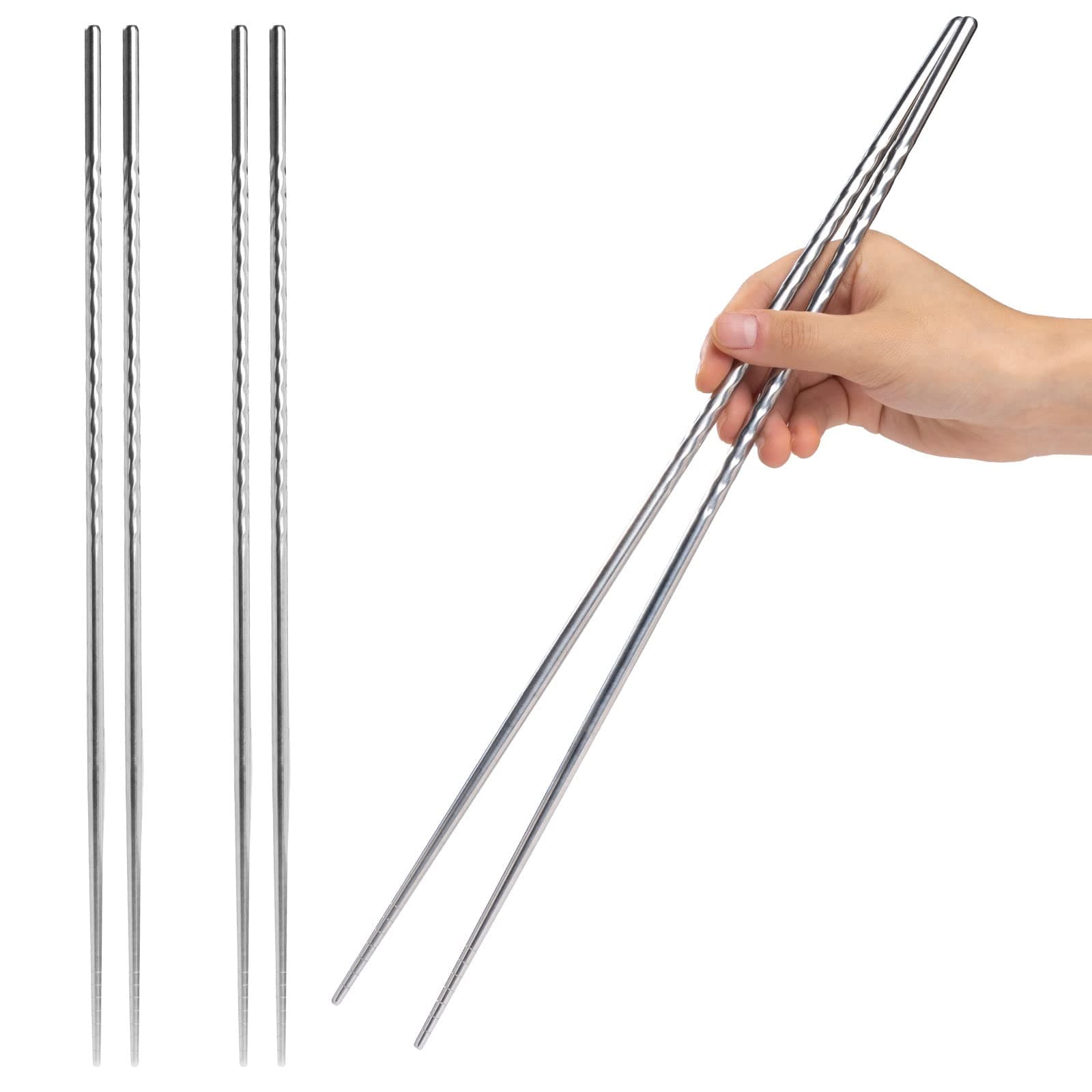 EORTA 3 Pairs Cooking Chopsticks 15.2 Inch Extra Long Stainless Steel Chop Sticks with Non-slip Threaded for Hot Pot, Cooking, Frying, Noodle, Dishwasher Safe, Silvery