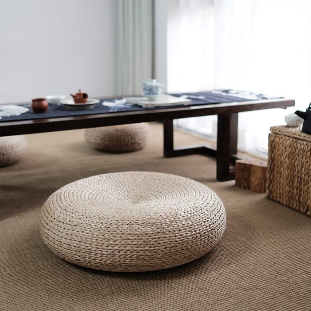 Copper Japanese Style Knitted Straw Pouf Cushion, Thicken Handcrafted Flat seat Cushion Tatami Chair Cushion Meditation Floor Cushion -A 40x40cm(16x16inch)