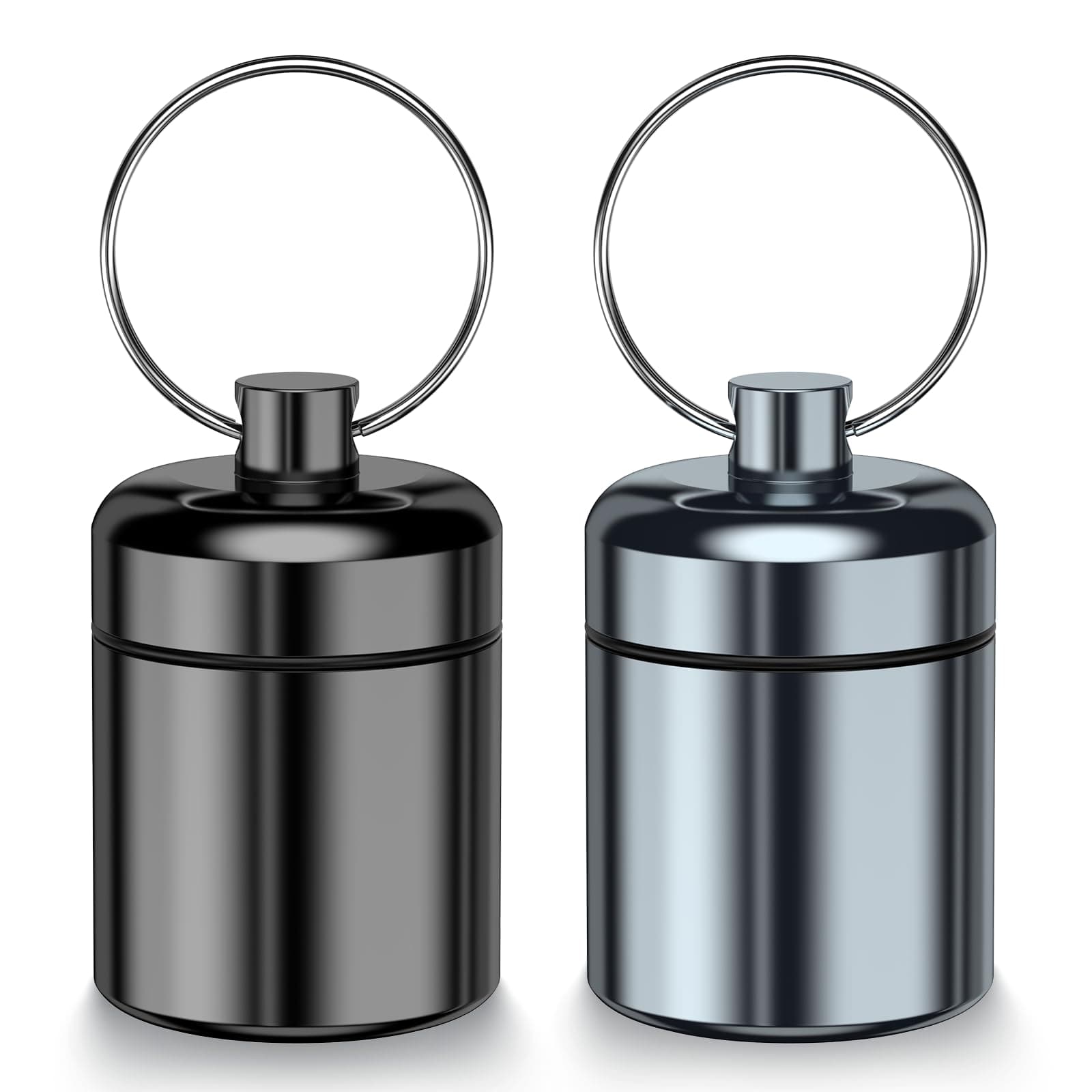 2 Pack Mini Pill Case Small Pill Holder Keychain for Purse - Portable Travel Pill Container Keychain, Waterproof Metal Daily Pill Box Organizer for Office Outdoor Camping (Black & Grey)