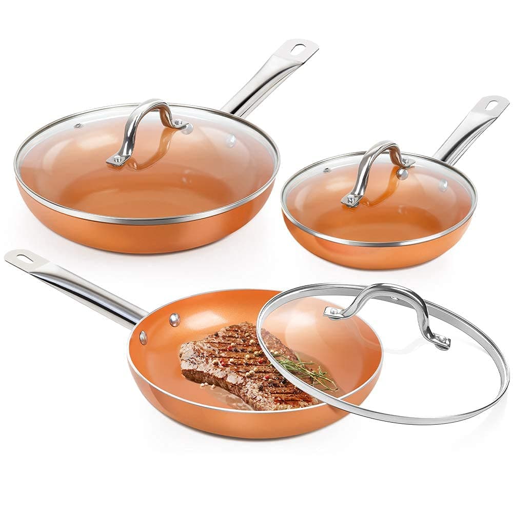 SHINEURI 6 Pieces Nonstick Copper Frying Pans with Lid - 8/9.5/11 inch (Copper)