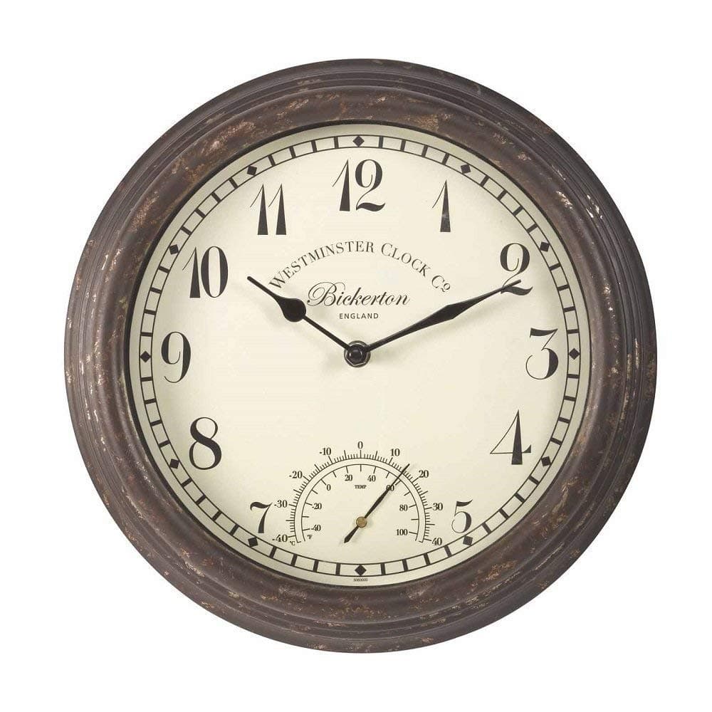 Bickerton Wall Clock and Thermometer, Classic Outdoor/Indoor Design with Large 12 Inch Face. Suitable for Garden, Kitchen, Bathroom and More
