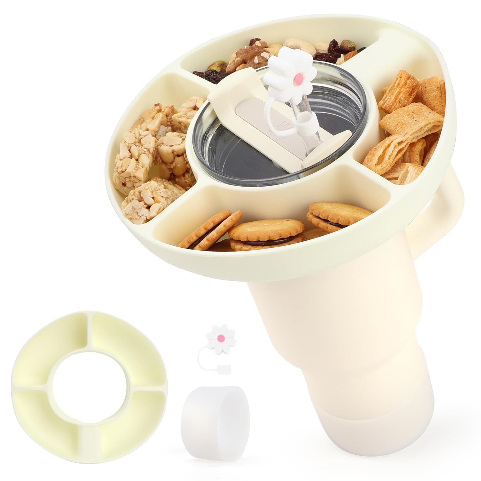 Silicone Snack Bowl Compatible with Stanley 40 oz,Reusable, fits Stanley Cup 1.0/2.0,with Boot and Straw Cover caps, 4 compartments for Candy, Popcorn, fits car,Movie Theater (Cream)