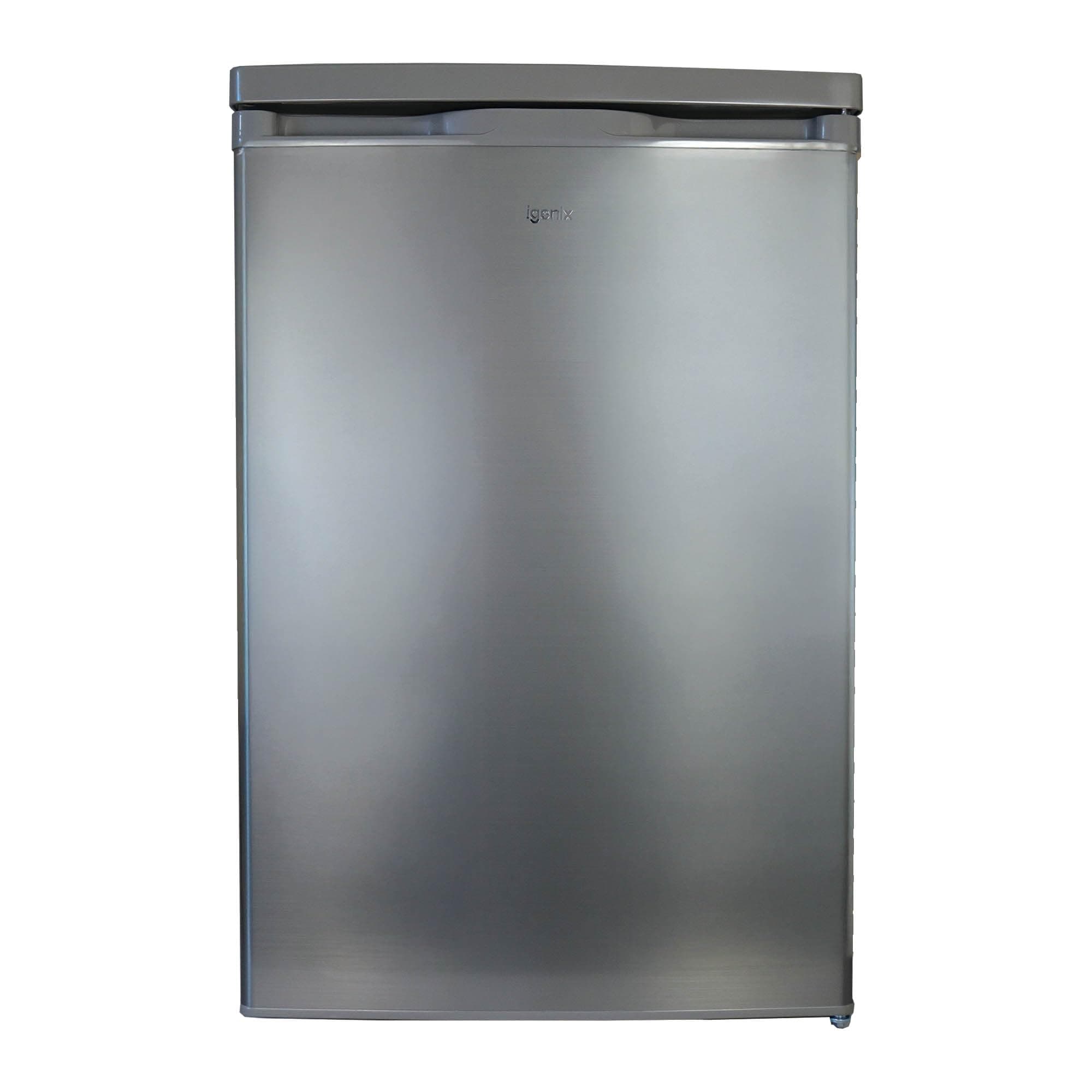 Igenix IG255X Freestanding Under Counter Larder Fridge with 2 Adjustable Glass Shelves, 1 Salad Drawer with Shelf On Top, Reversible Door, 127 Litre Capacity, 55 cm Wide, Inox